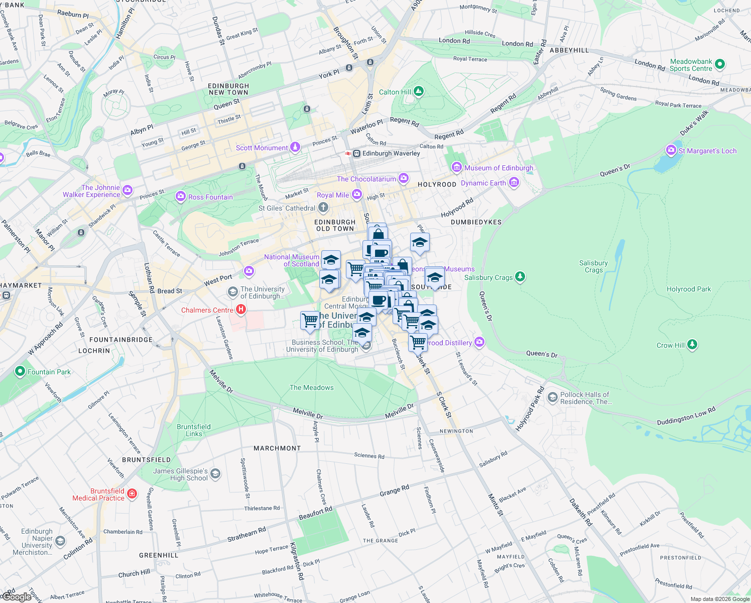 map of restaurants, bars, coffee shops, grocery stores, and more near 16 Potterrow in Edinburgh