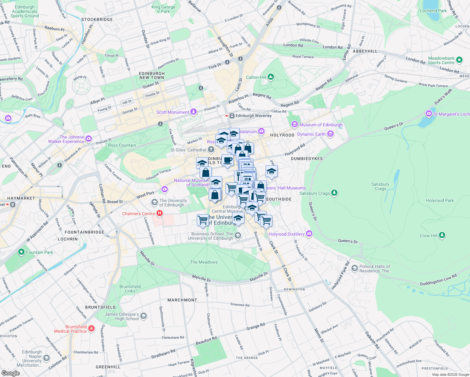 map of restaurants, bars, coffee shops, grocery stores, and more near 16 Potterrow in Edinburgh