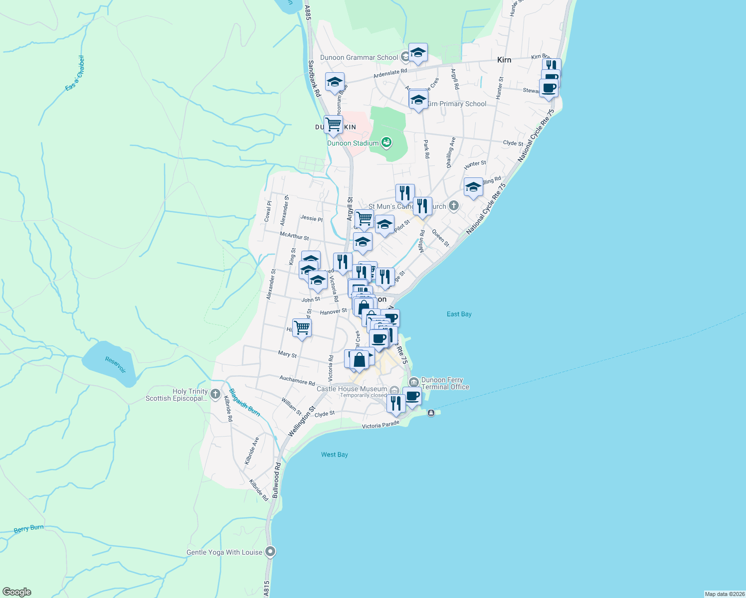 map of restaurants, bars, coffee shops, grocery stores, and more near in Dunoon