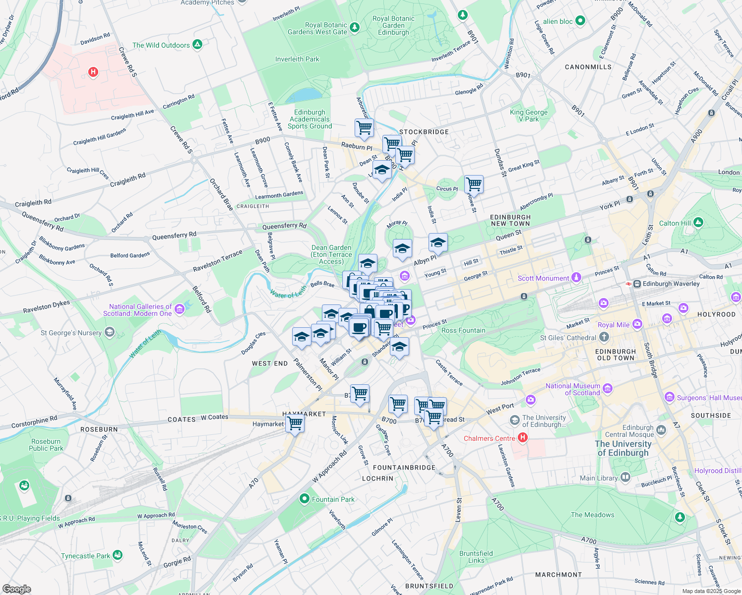 map of restaurants, bars, coffee shops, grocery stores, and more near 4 Randolph Crescent in Edinburgh