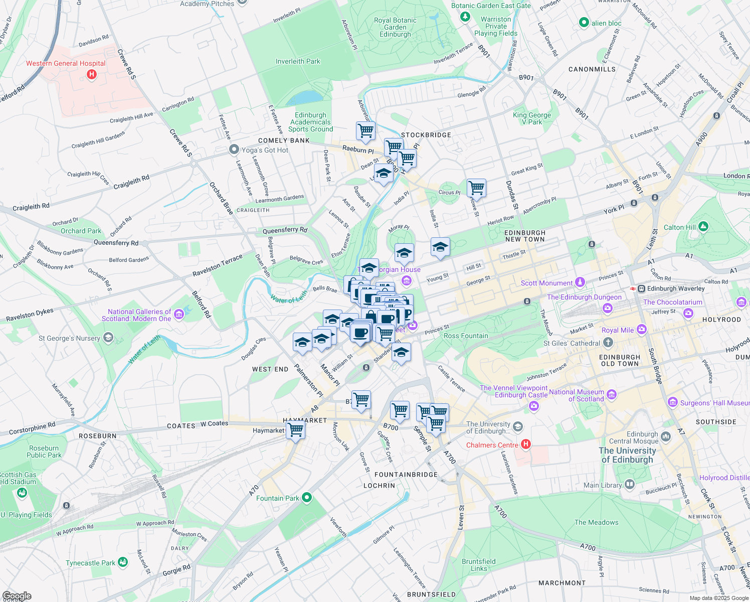 map of restaurants, bars, coffee shops, grocery stores, and more near 4 Randolph Crescent in Edinburgh