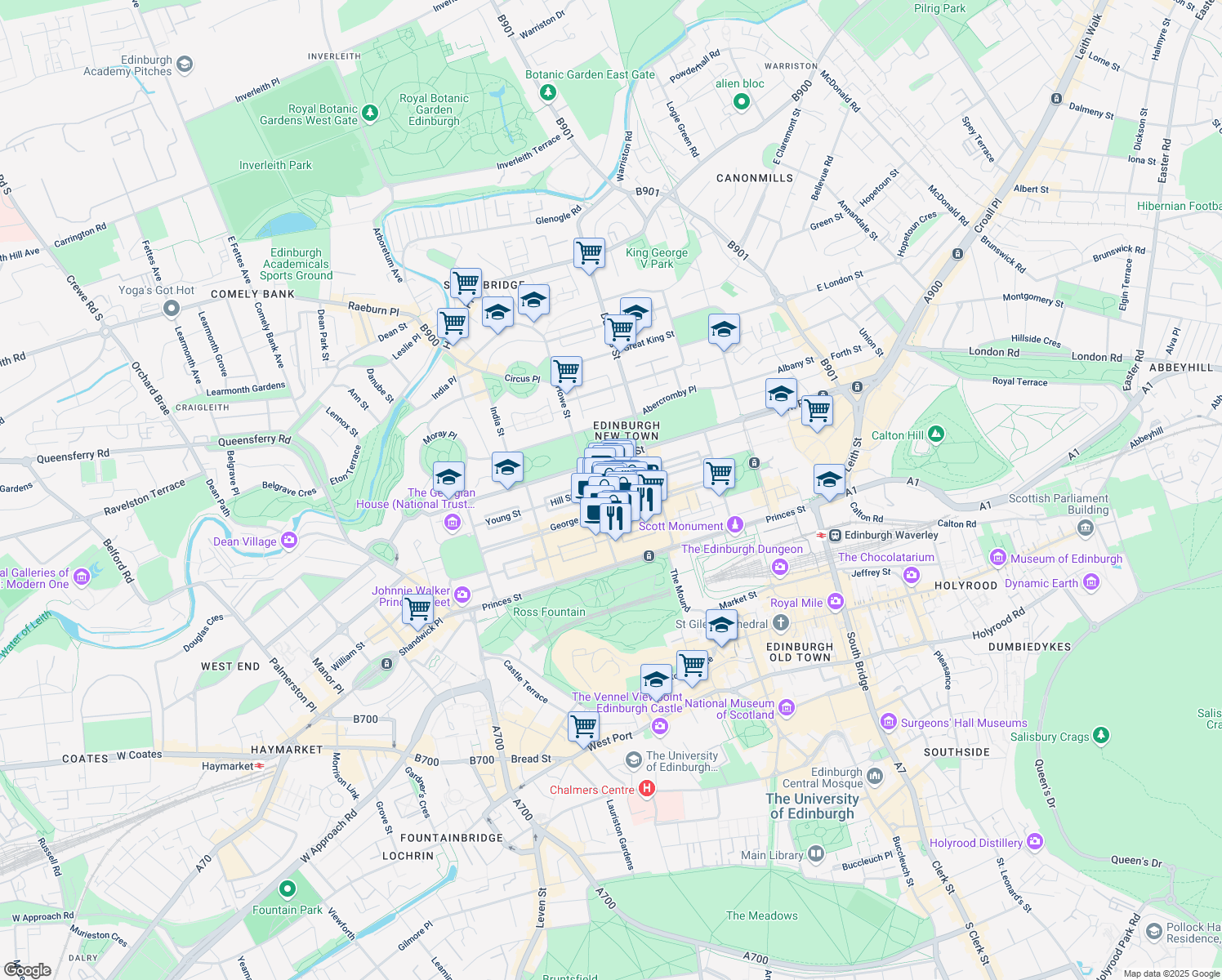 map of restaurants, bars, coffee shops, grocery stores, and more near 119 Thistle Street in Edinburgh
