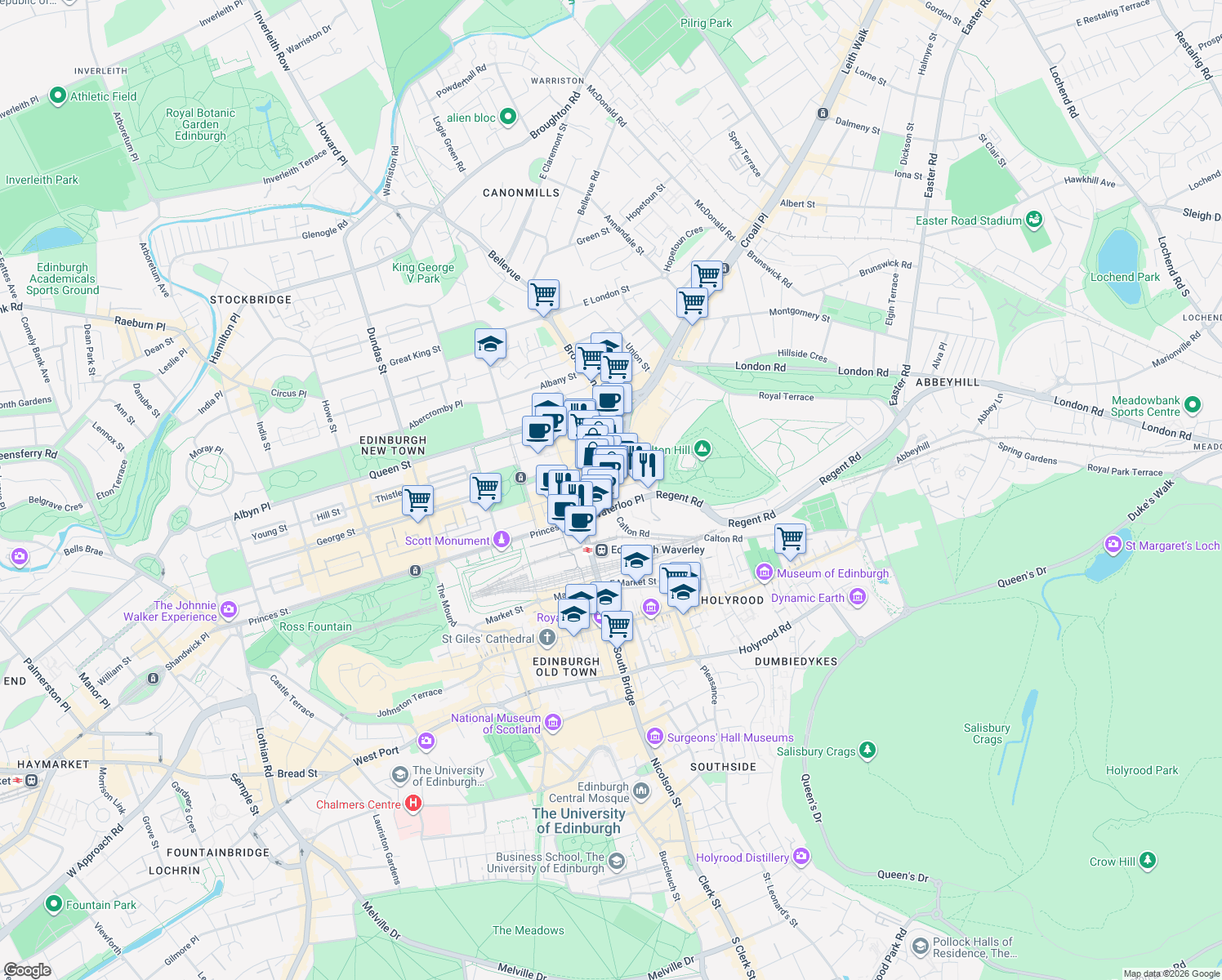 map of restaurants, bars, coffee shops, grocery stores, and more near in Edinburgh