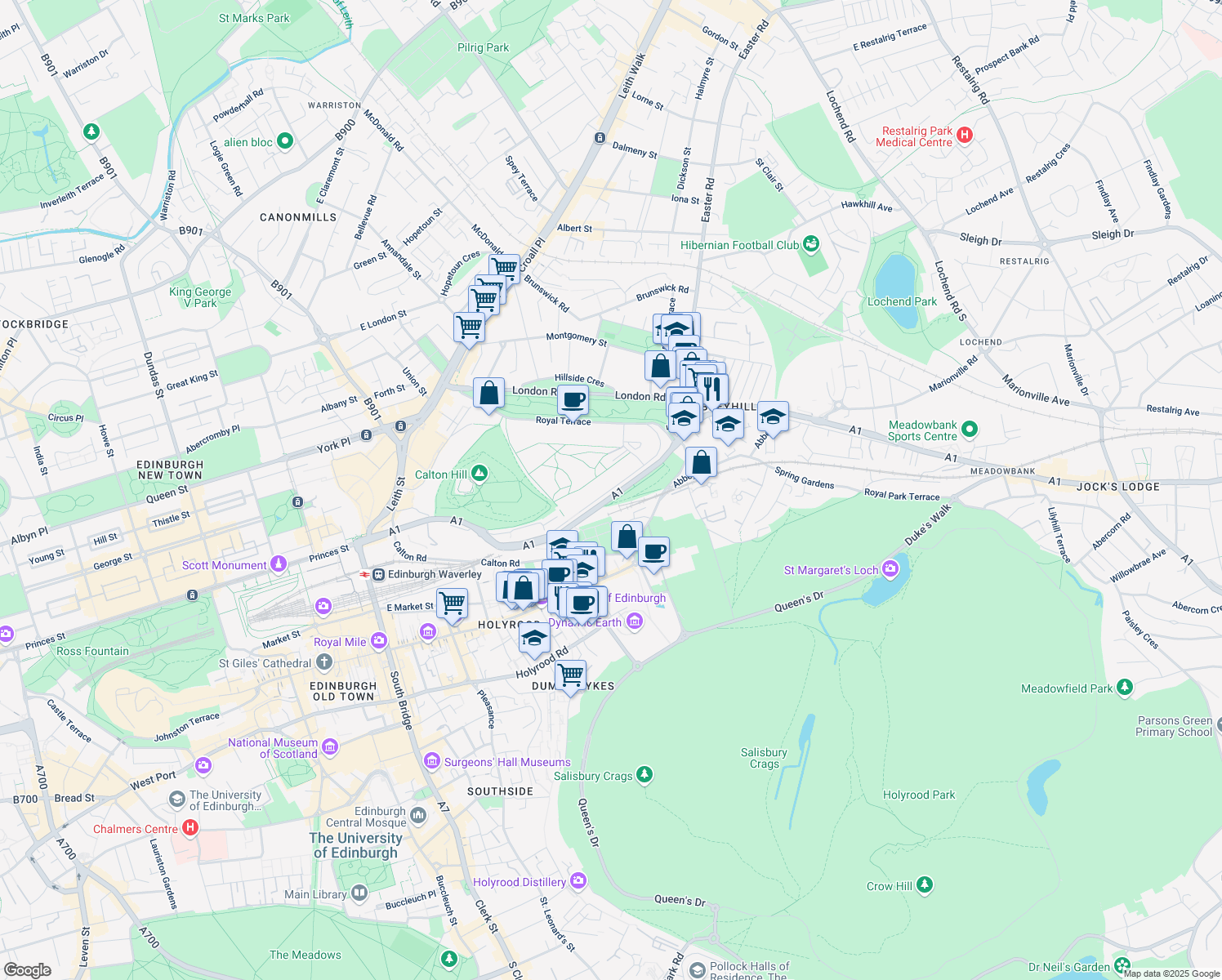 map of restaurants, bars, coffee shops, grocery stores, and more near 26 Regent Terrace in Edinburgh