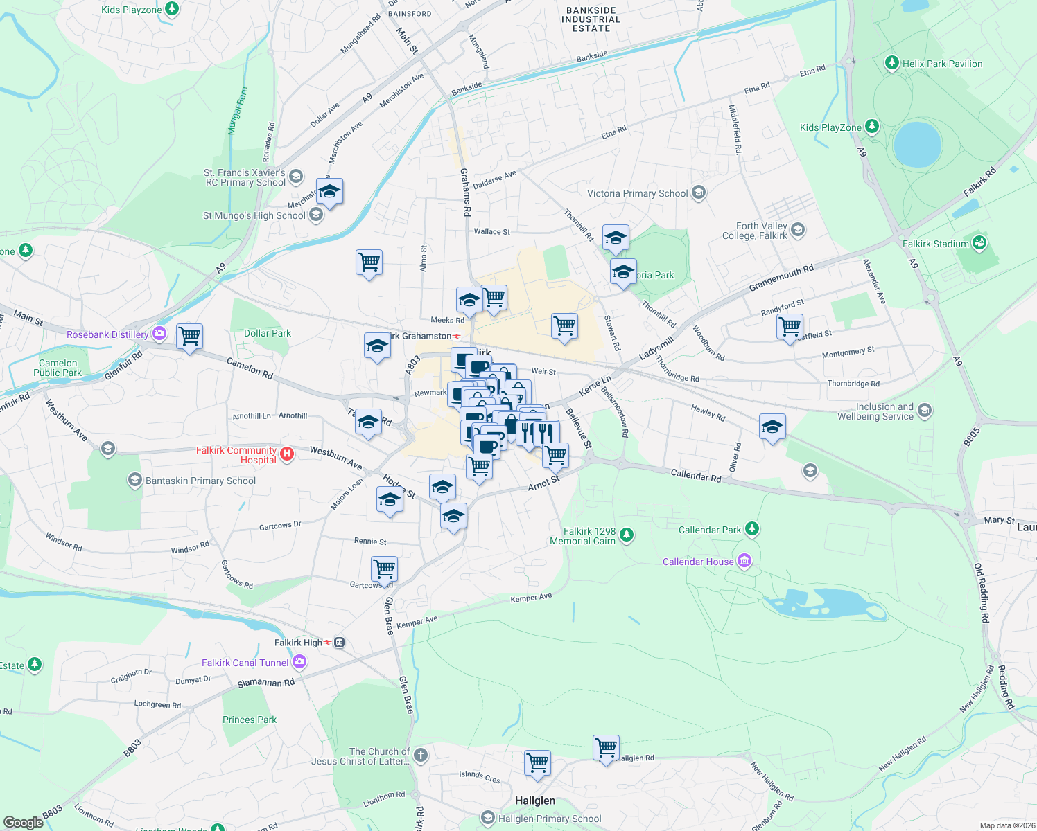 map of restaurants, bars, coffee shops, grocery stores, and more near Callendar Riggs in Falkirk