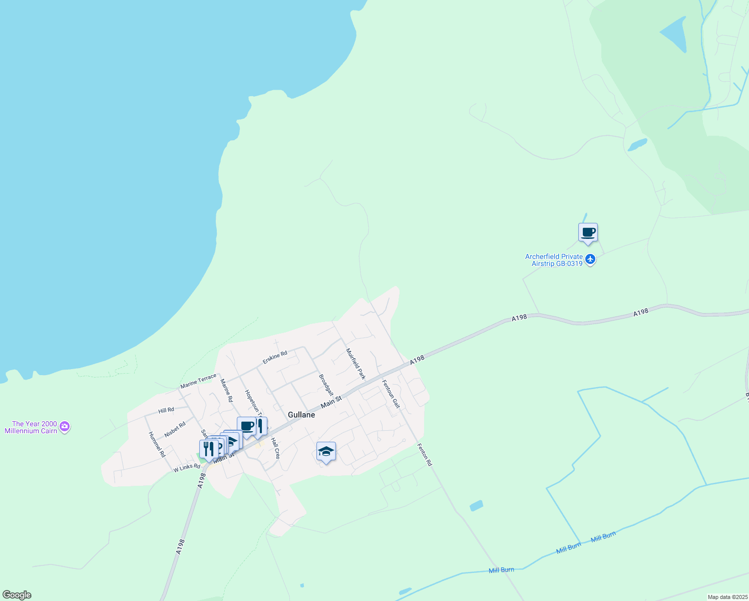 map of restaurants, bars, coffee shops, grocery stores, and more near Duncur Road in East Lothian