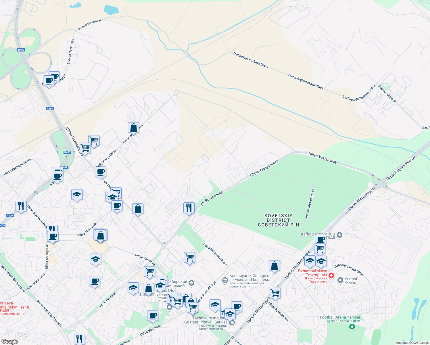 map of restaurants, bars, coffee shops, grocery stores, and more near 33 Ulitsa Yastynskaya in Krasnoyarsk