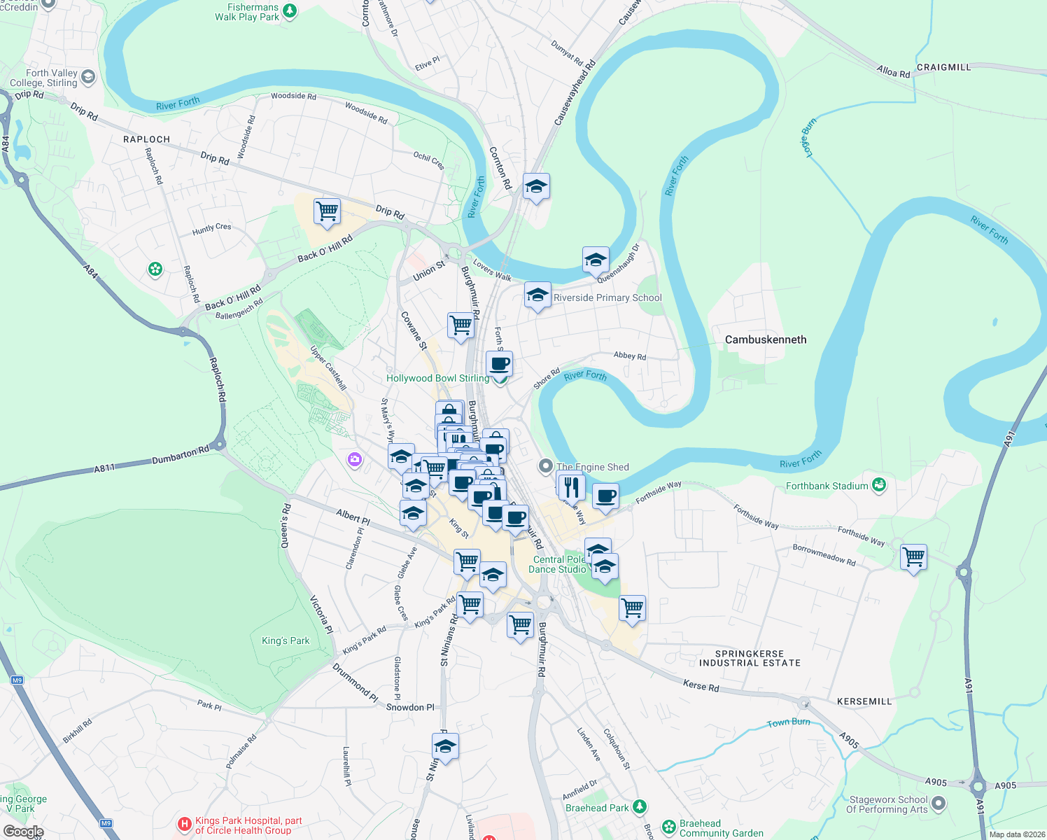 map of restaurants, bars, coffee shops, grocery stores, and more near 1 Forthside Way in Stirling
