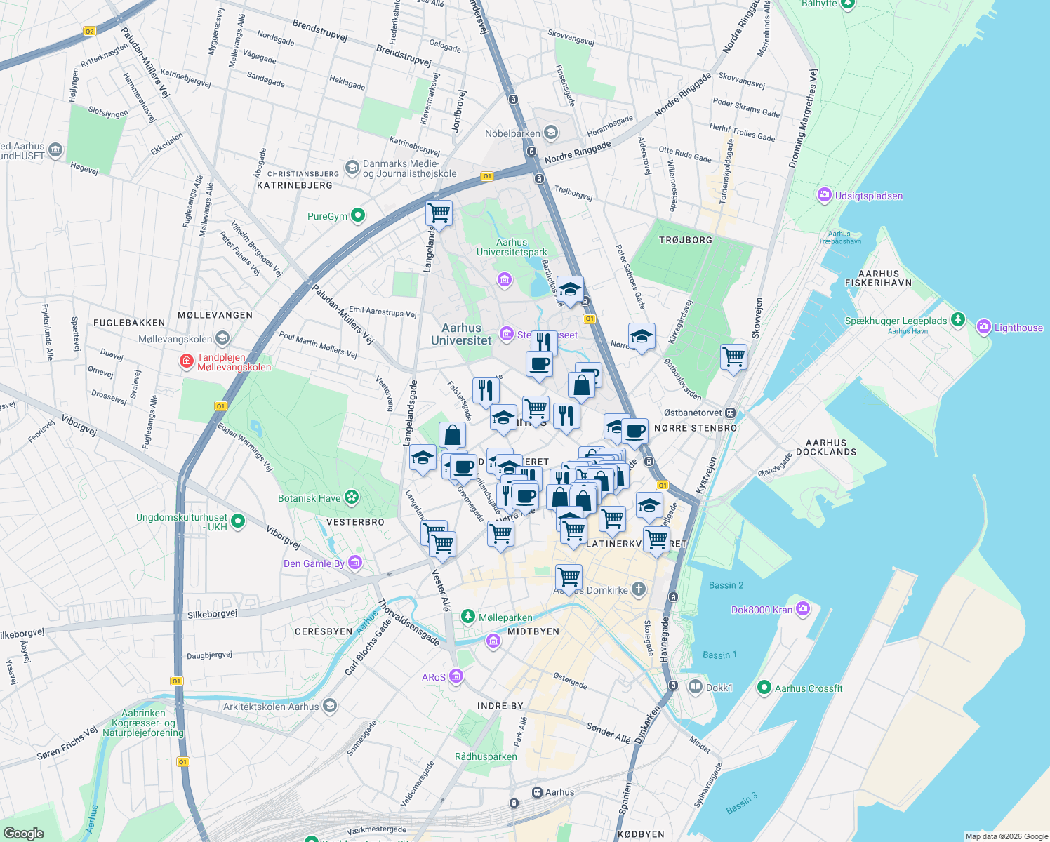 map of restaurants, bars, coffee shops, grocery stores, and more near in Aarhus