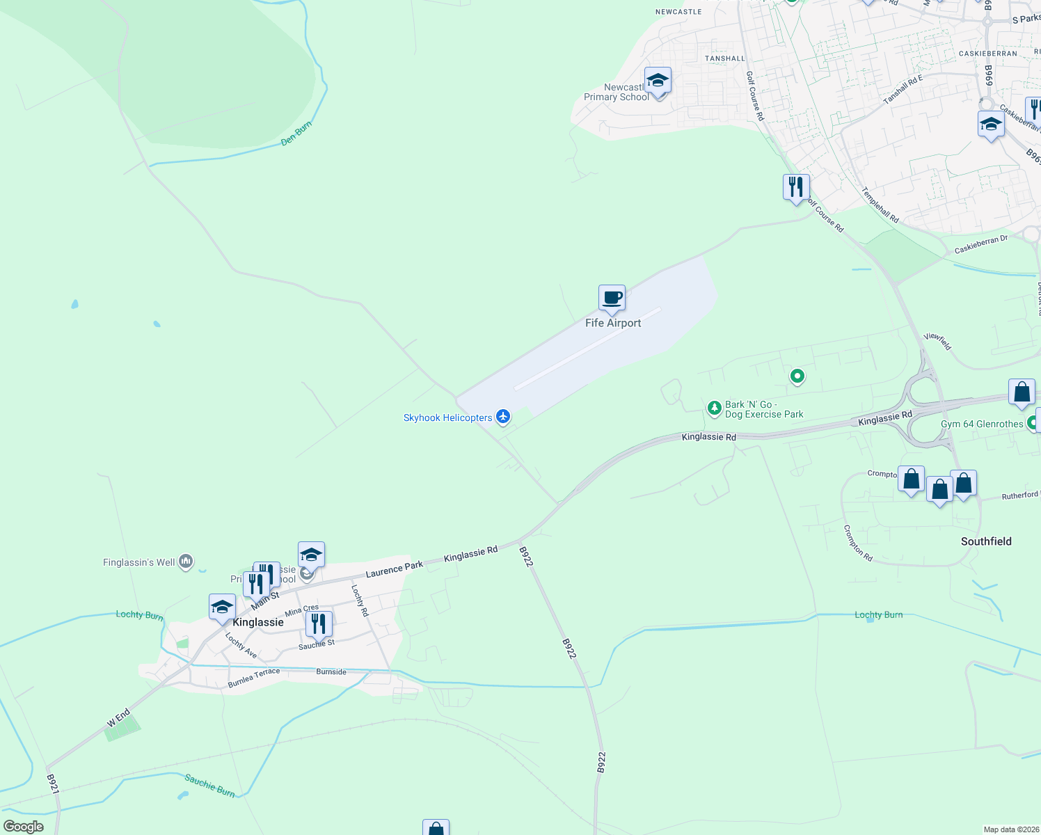 map of restaurants, bars, coffee shops, grocery stores, and more near Osprey Road in Fife