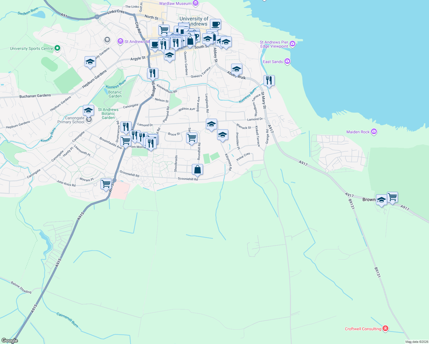 map of restaurants, bars, coffee shops, grocery stores, and more near Kilrymont Road in Fife
