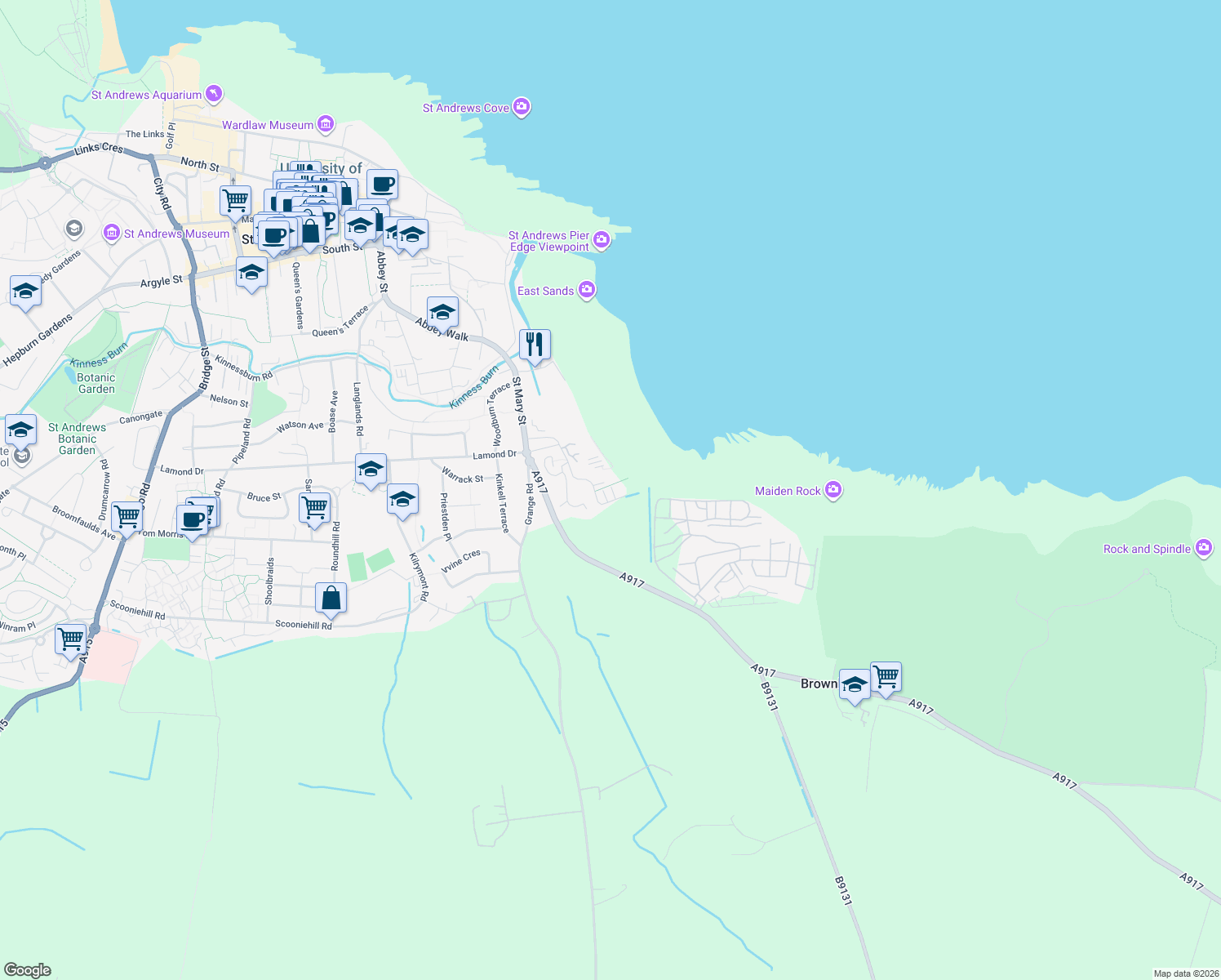 map of restaurants, bars, coffee shops, grocery stores, and more near in East Sands