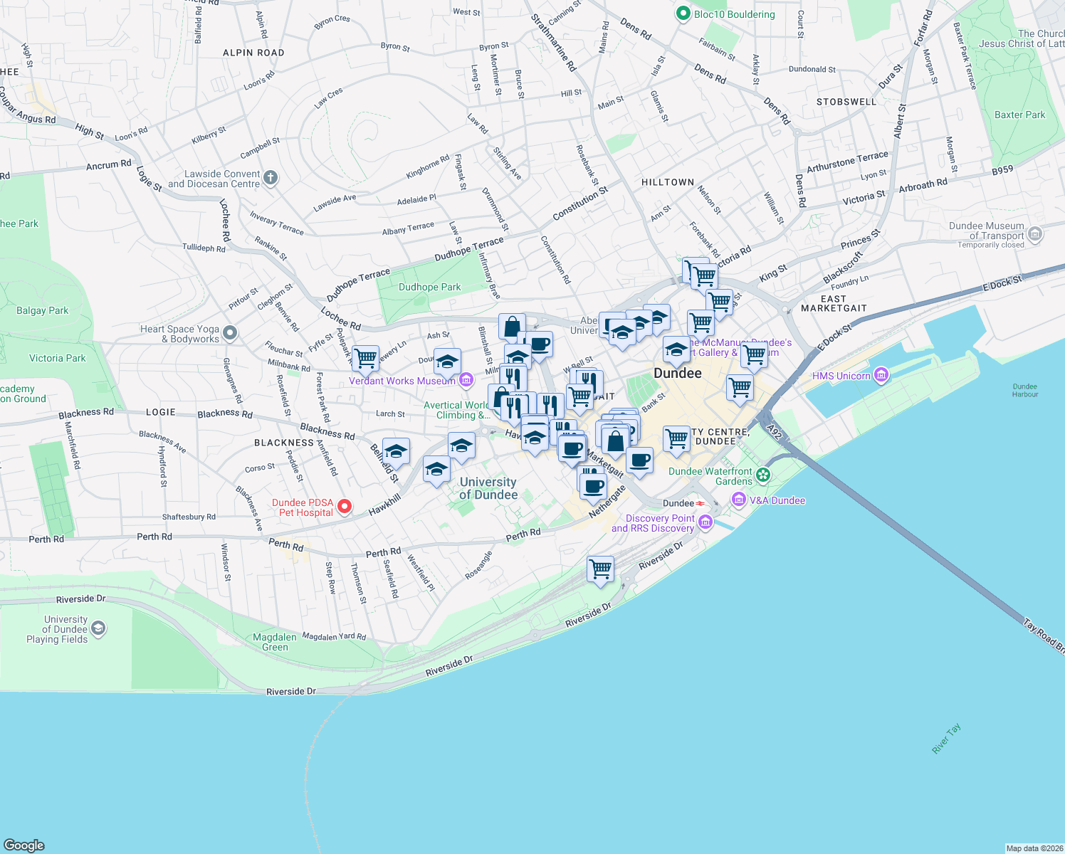 map of restaurants, bars, coffee shops, grocery stores, and more near Brown Street in Dundee City Council
