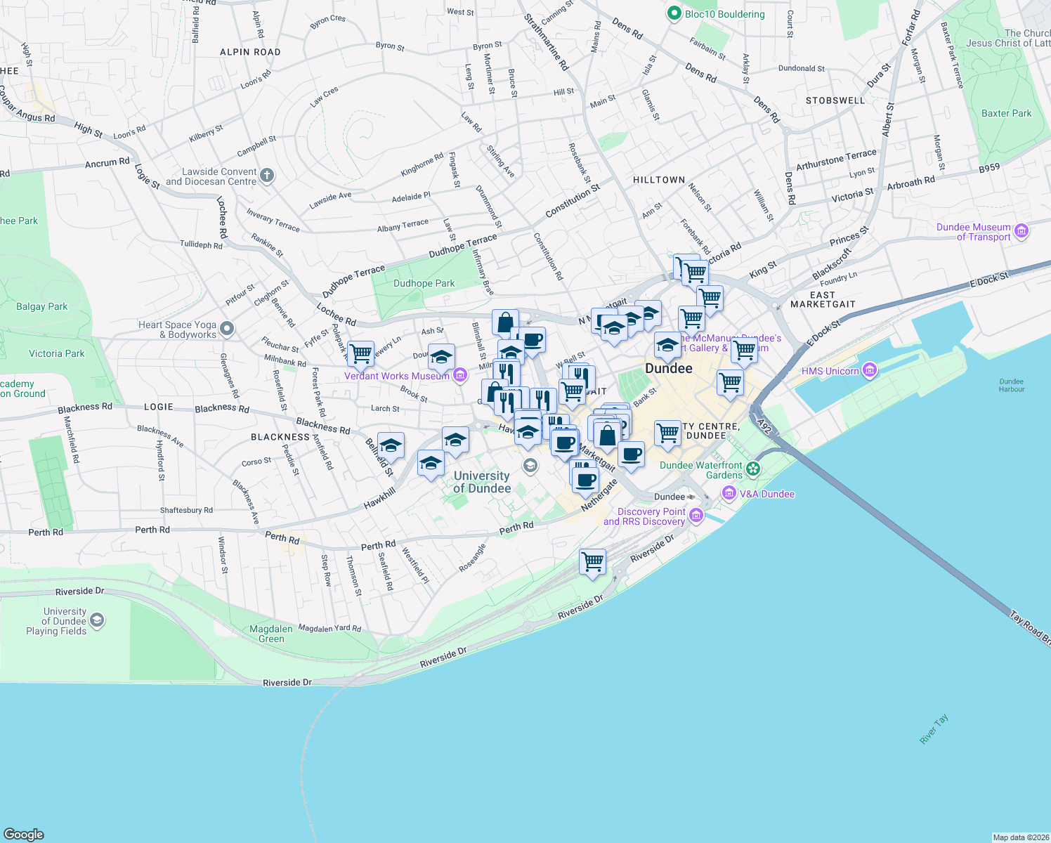 map of restaurants, bars, coffee shops, grocery stores, and more near Brown Street in Dundee City Council