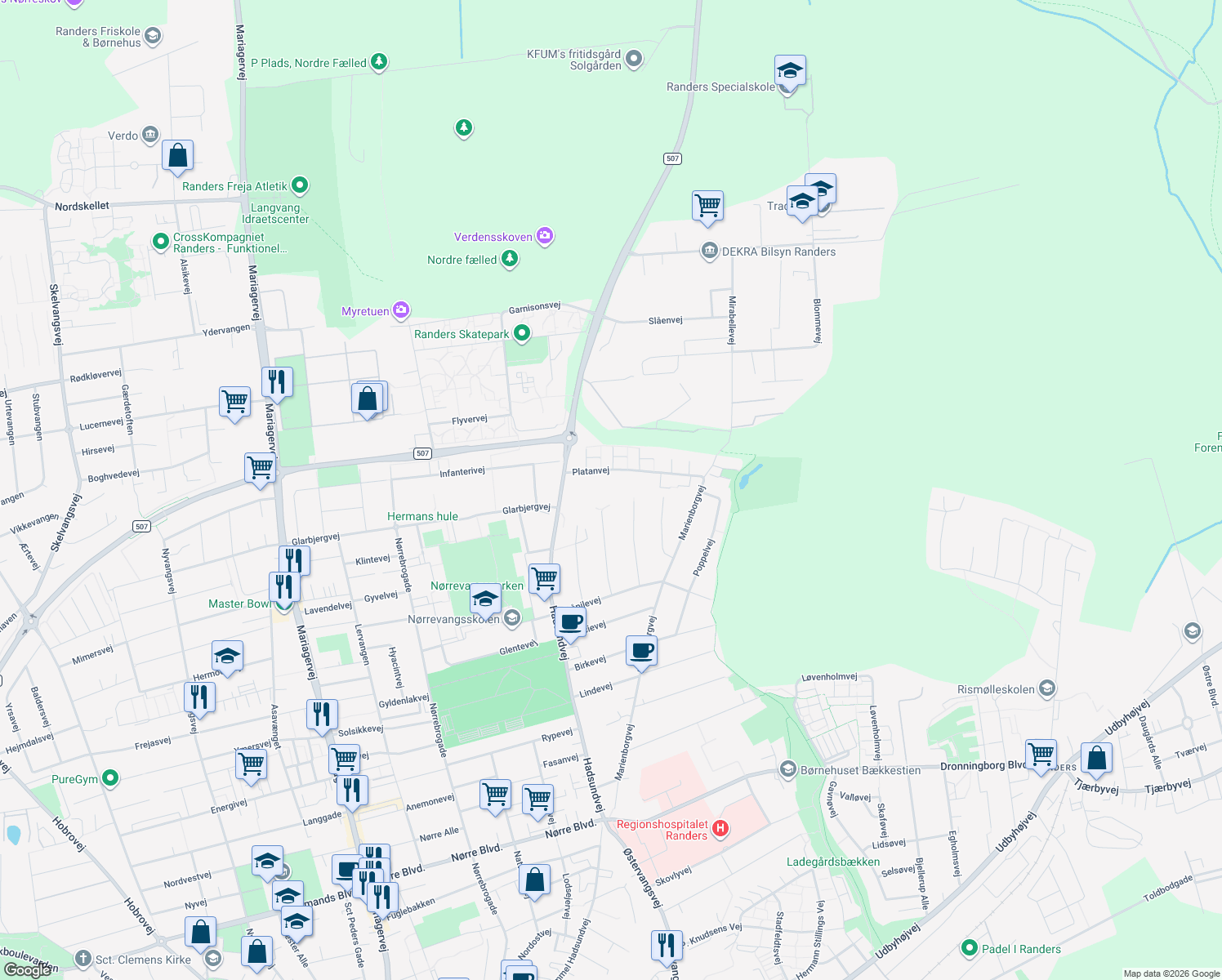 map of restaurants, bars, coffee shops, grocery stores, and more near in Randers