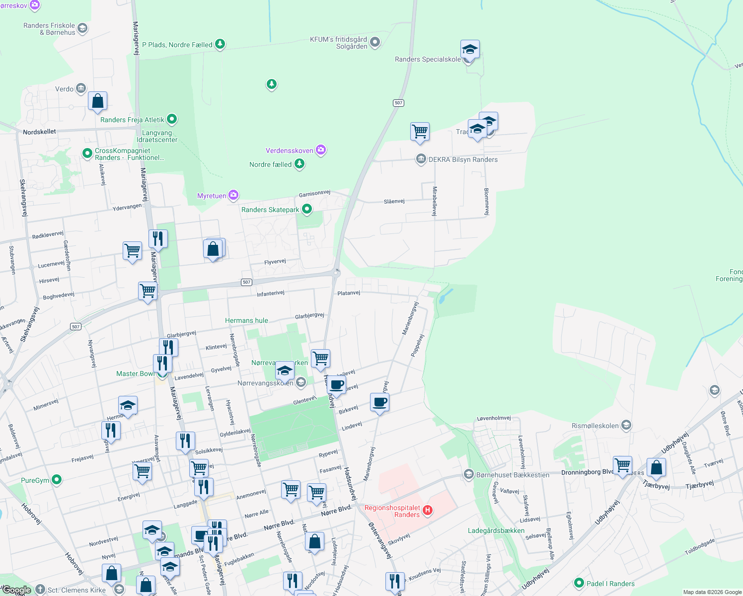 map of restaurants, bars, coffee shops, grocery stores, and more near in Randers