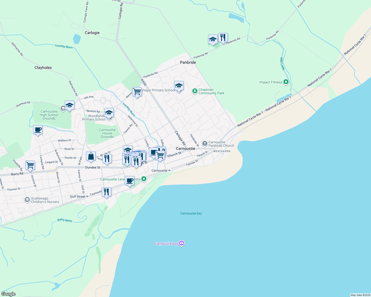 map of restaurants, bars, coffee shops, grocery stores, and more near in Carnoustie