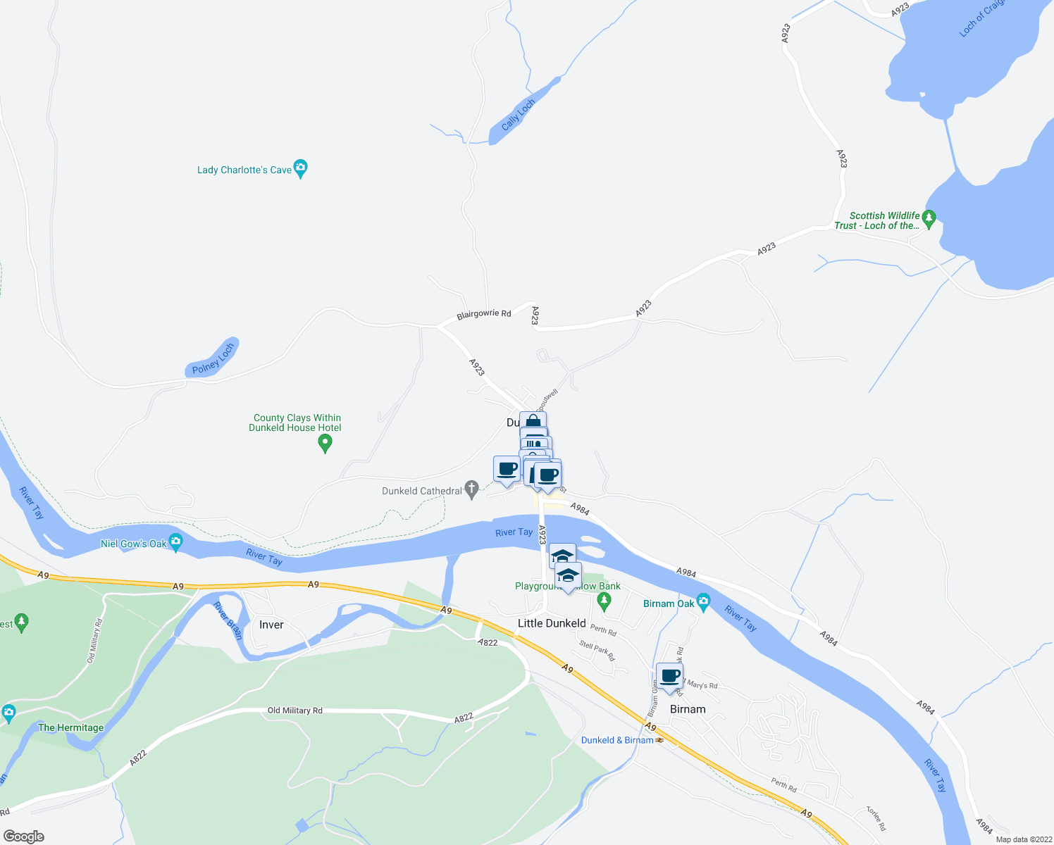 map of restaurants, bars, coffee shops, grocery stores, and more near in Dunkeld
