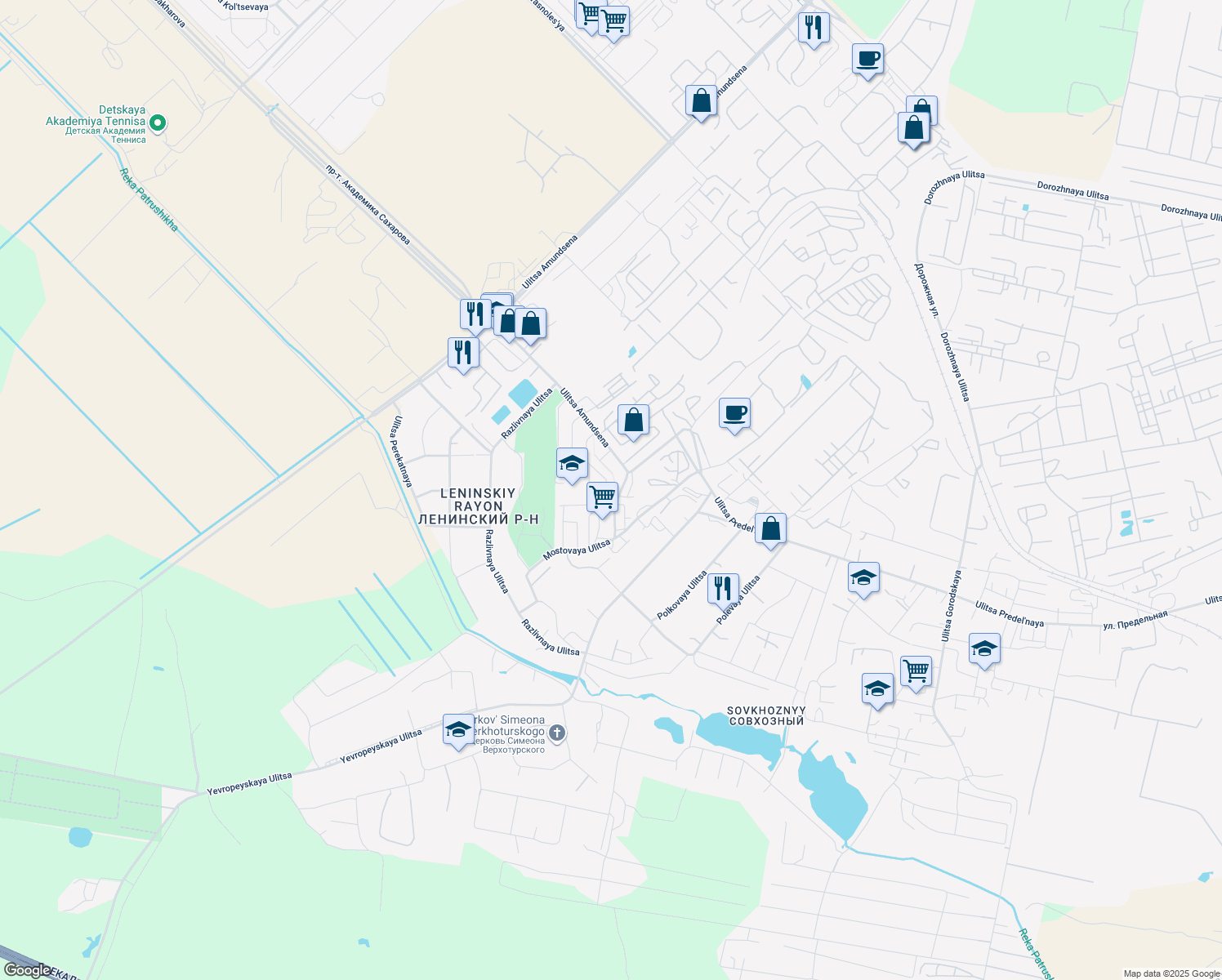 map of restaurants, bars, coffee shops, grocery stores, and more near 139 Mostovaya Ulitsa in Sovkhoznyy
