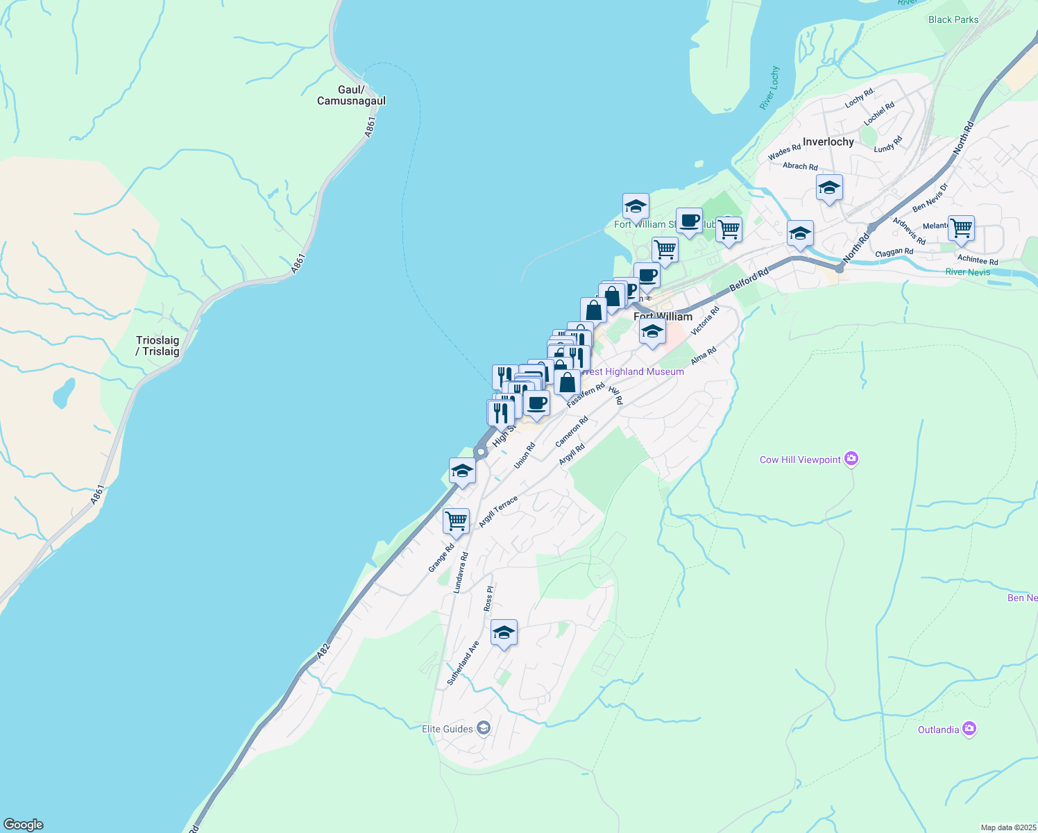 map of restaurants, bars, coffee shops, grocery stores, and more near High Street in Fort William