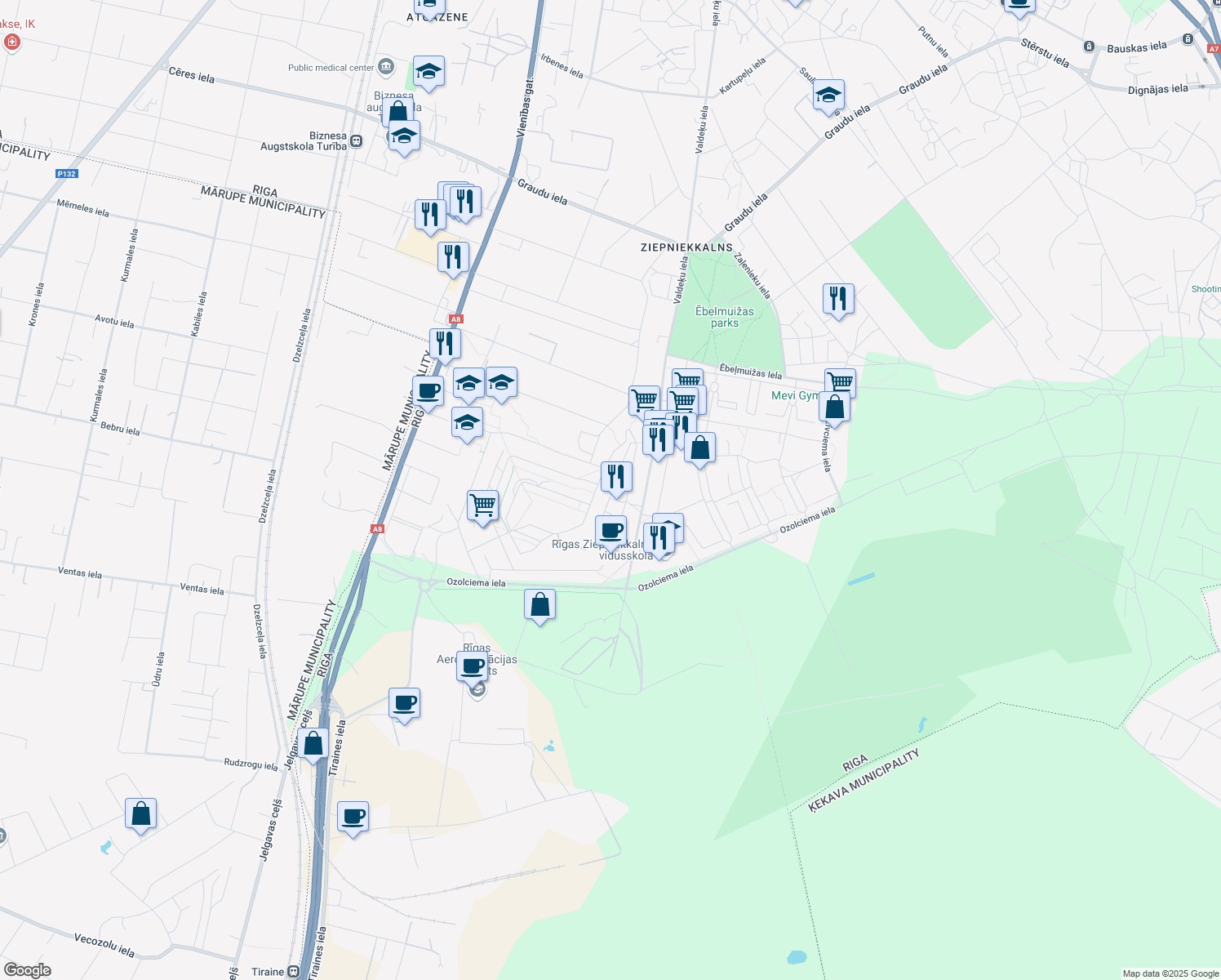 map of restaurants, bars, coffee shops, grocery stores, and more near 59 Valdeķu iela in Riga