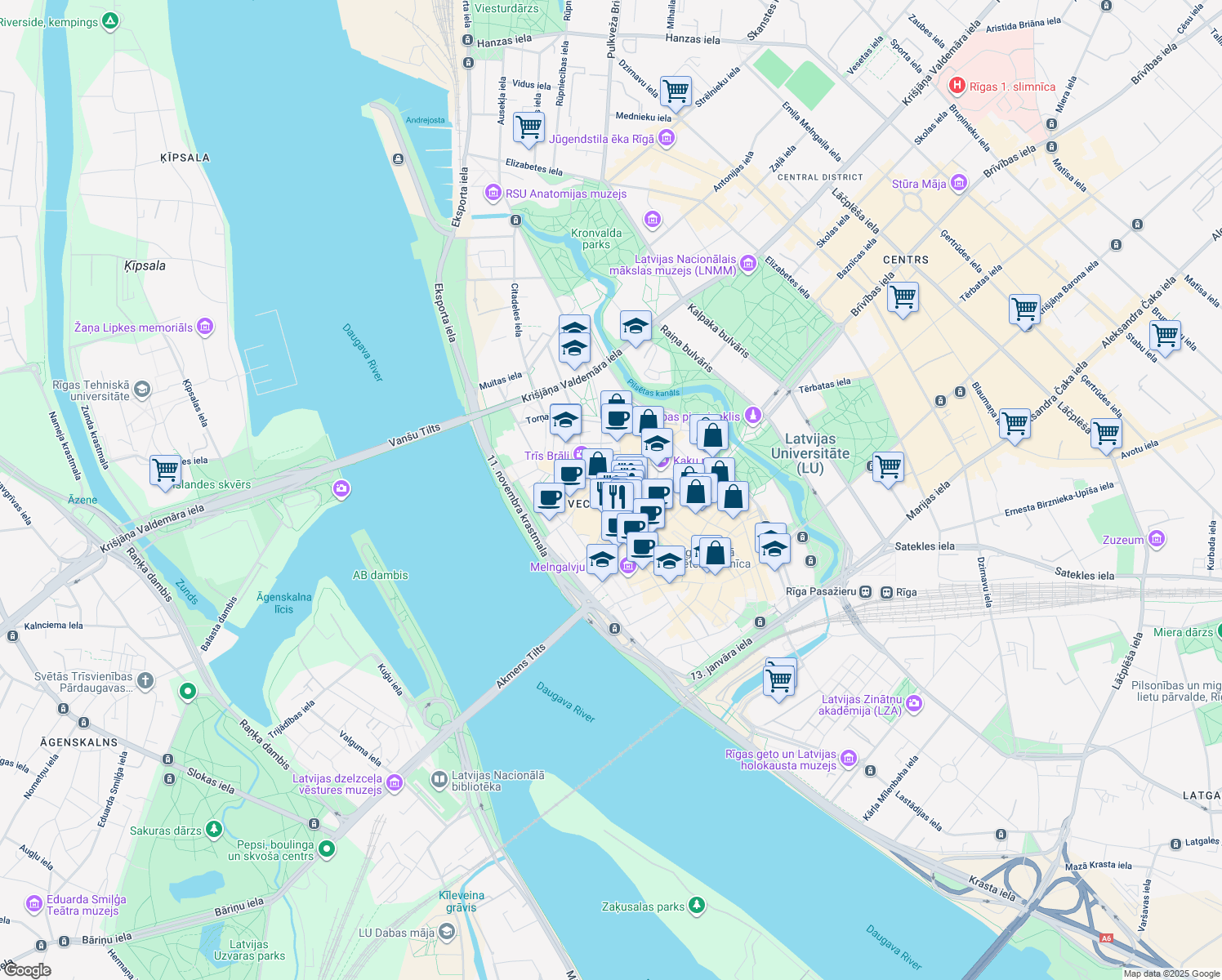 map of restaurants, bars, coffee shops, grocery stores, and more near Doma laukums in Rīga