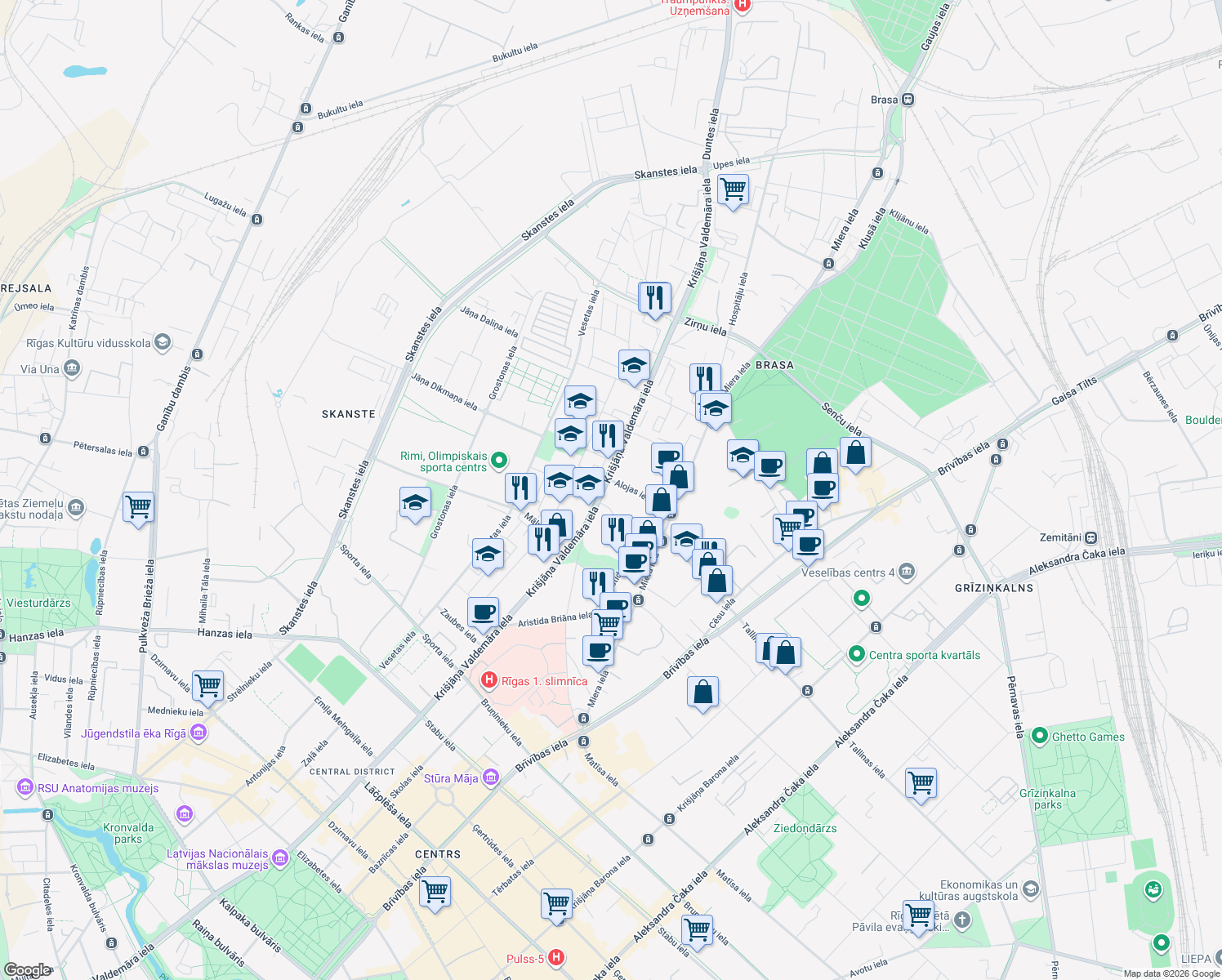 map of restaurants, bars, coffee shops, grocery stores, and more near in Rīga