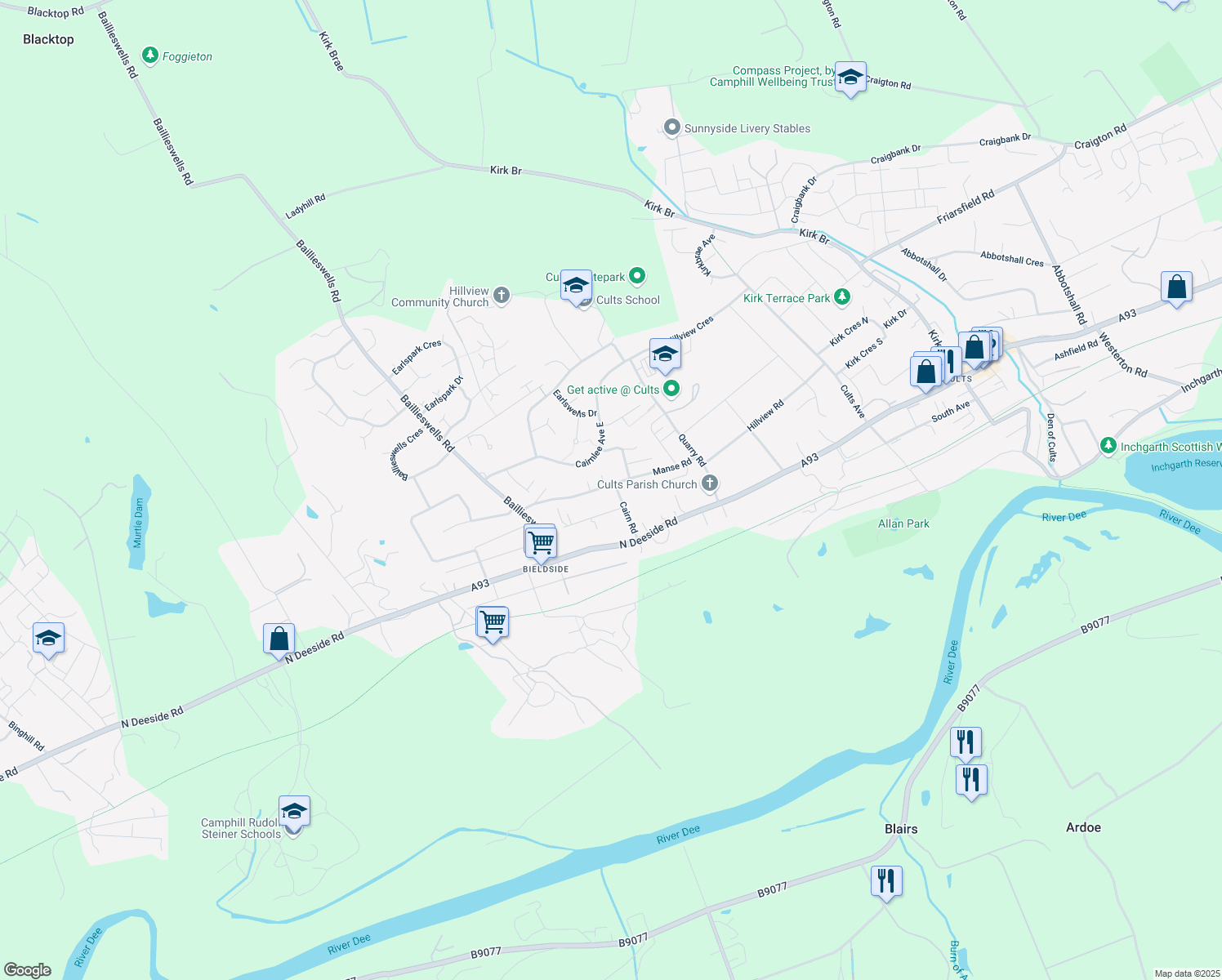 map of restaurants, bars, coffee shops, grocery stores, and more near 11 Cairn Road in Aberdeen City