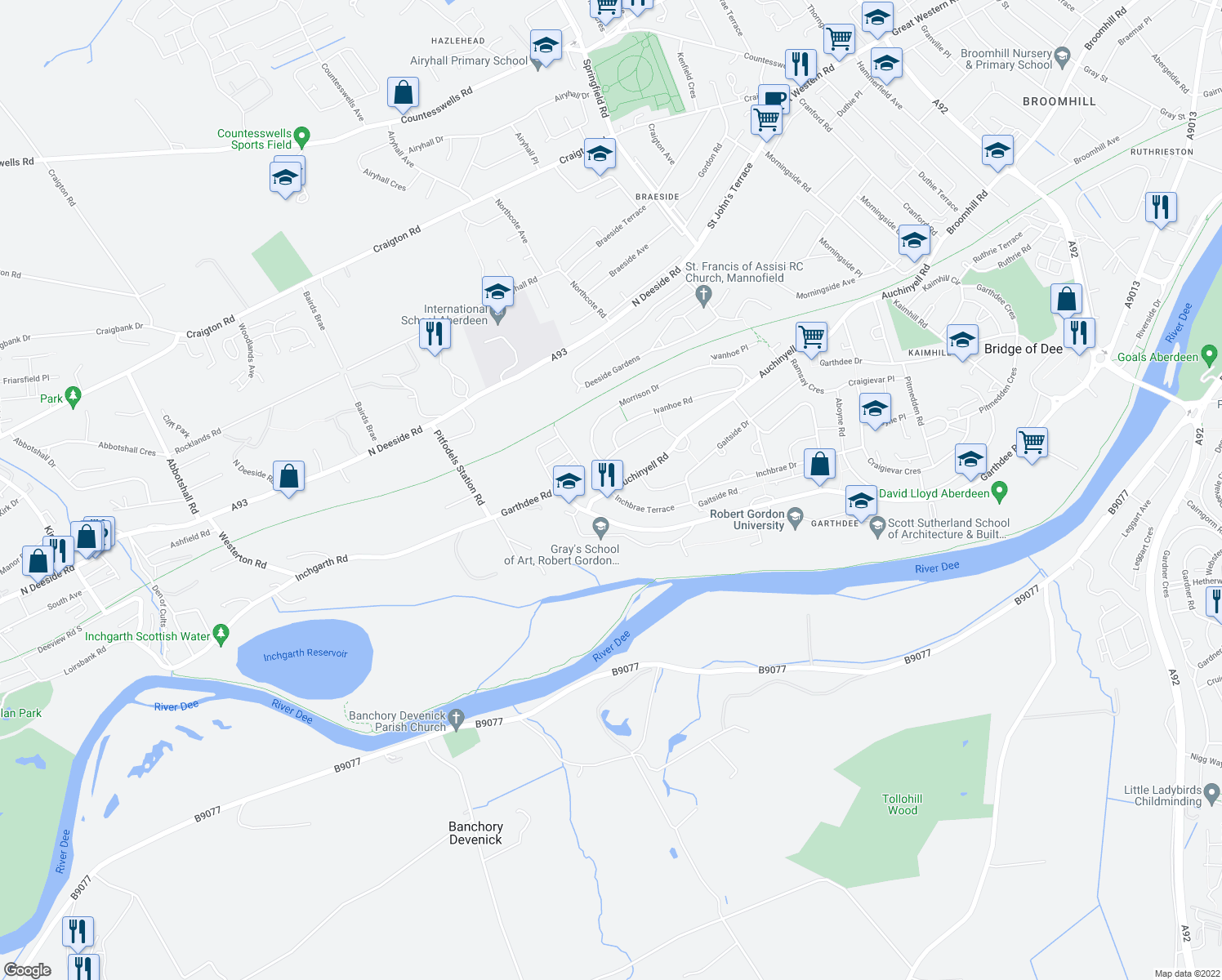 map of restaurants, bars, coffee shops, grocery stores, and more near Auchinyell Road in Aberdeen City