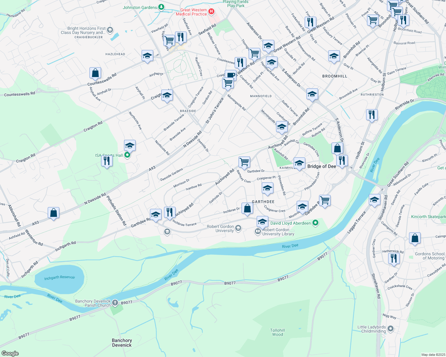 map of restaurants, bars, coffee shops, grocery stores, and more near Auchinyell Road in Aberdeen City