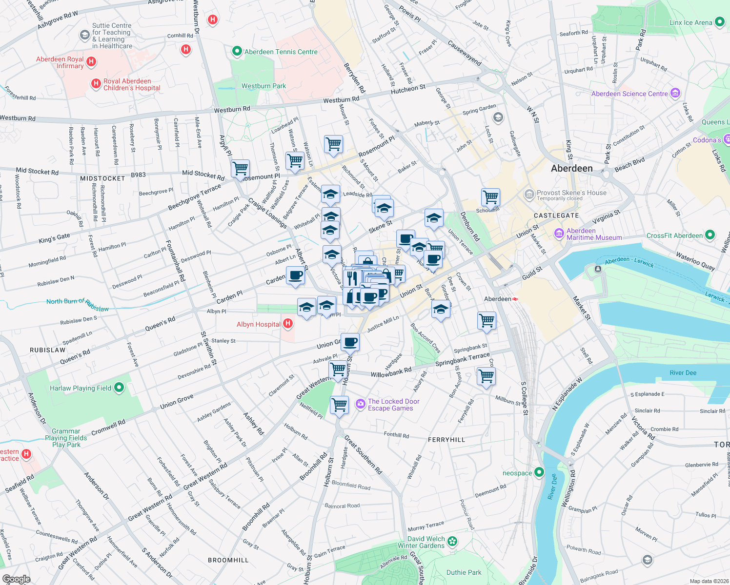 map of restaurants, bars, coffee shops, grocery stores, and more near 35 Thistle Street in Aberdeen City