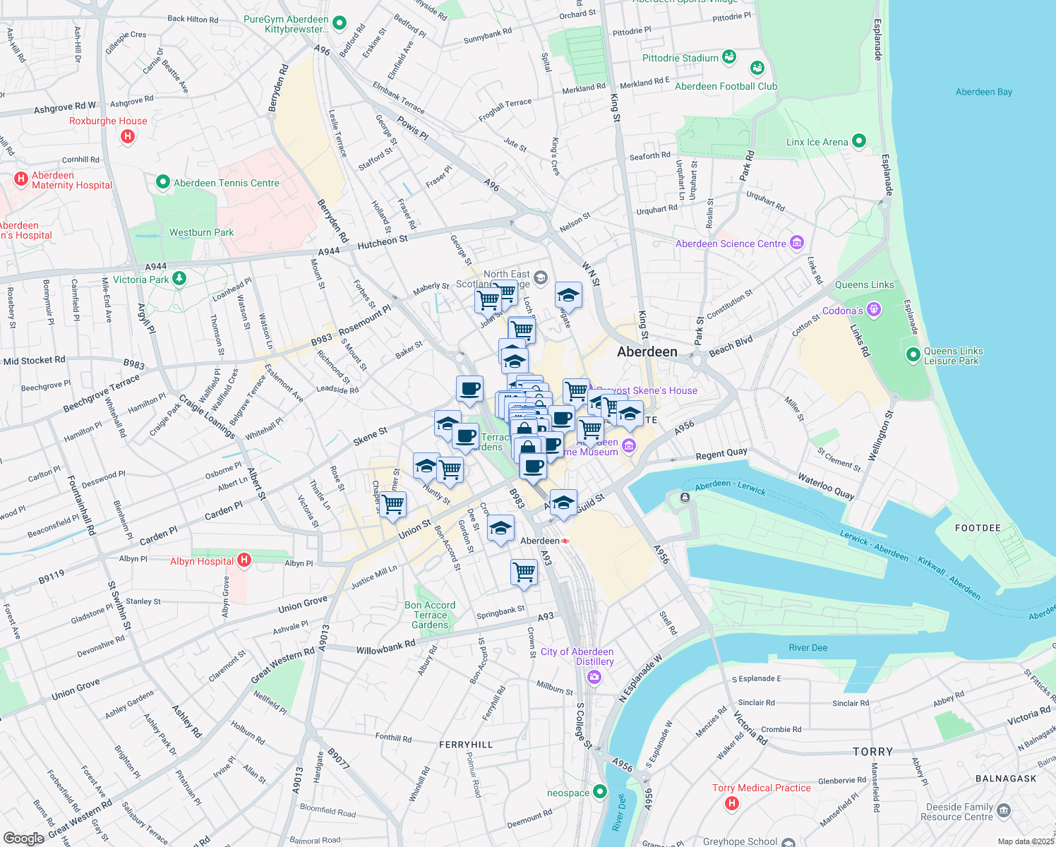 map of restaurants, bars, coffee shops, grocery stores, and more near 24 Belmont Street in Aberdeen