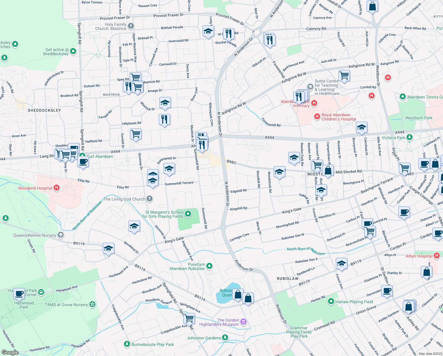 map of restaurants, bars, coffee shops, grocery stores, and more near 19 North Anderson Drive in Aberdeen City