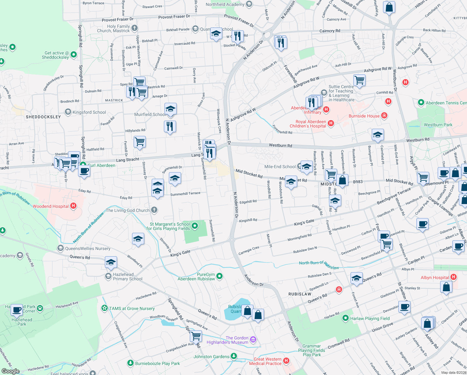 map of restaurants, bars, coffee shops, grocery stores, and more near 19 North Anderson Drive in Aberdeen City