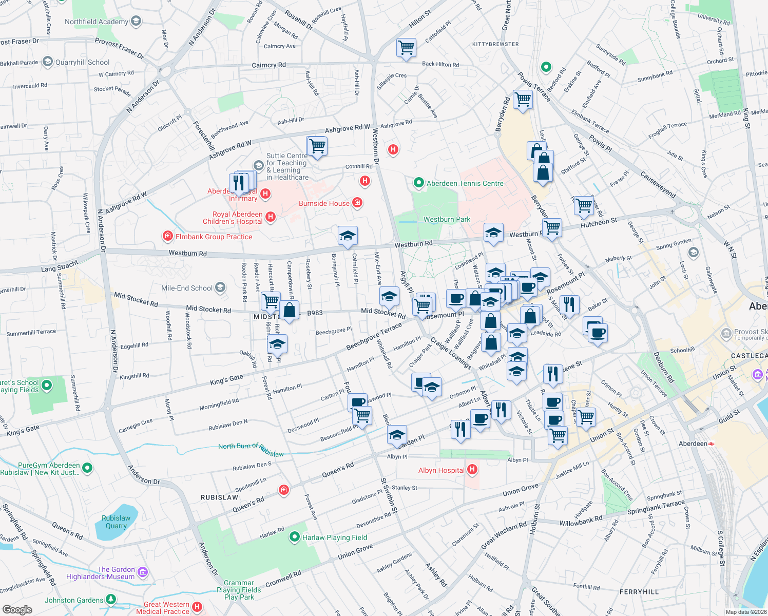 map of restaurants, bars, coffee shops, grocery stores, and more near 4 Mile-End Avenue in Aberdeen City