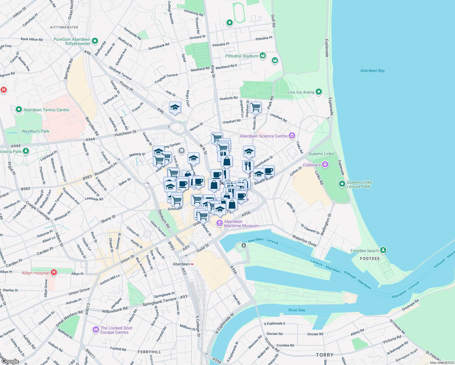 map of restaurants, bars, coffee shops, grocery stores, and more near in Aberdeen