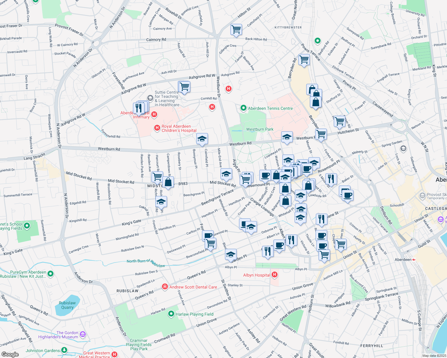 map of restaurants, bars, coffee shops, grocery stores, and more near 4 Mile-End Avenue in Aberdeen City
