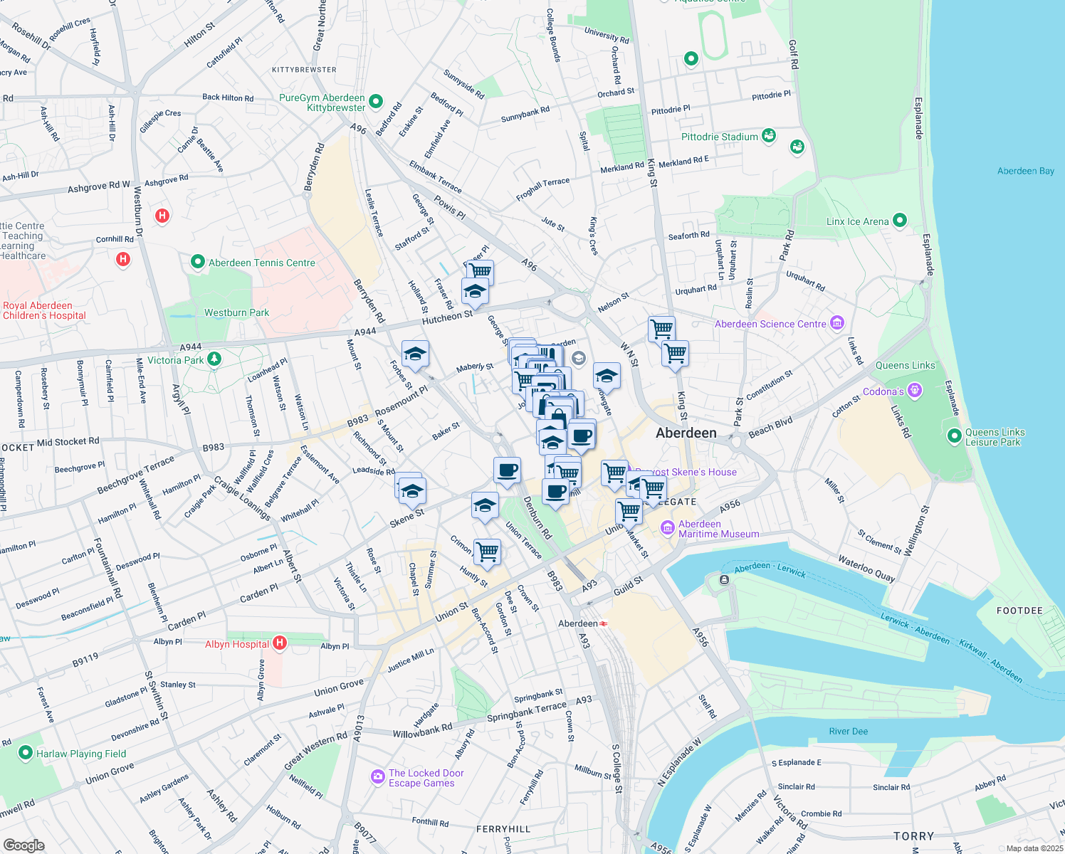map of restaurants, bars, coffee shops, grocery stores, and more near 4A Charlotte Street in Aberdeen City