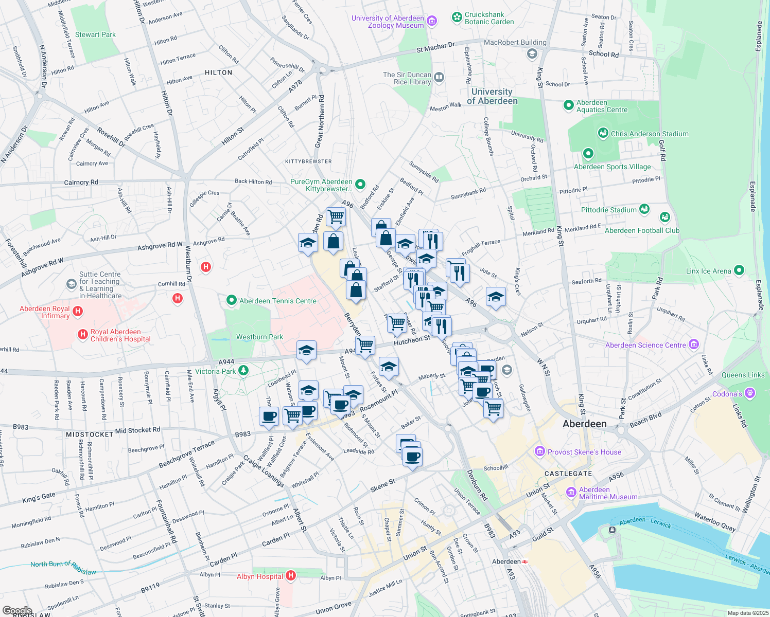 map of restaurants, bars, coffee shops, grocery stores, and more near 42A Holland Street in Aberdeen City