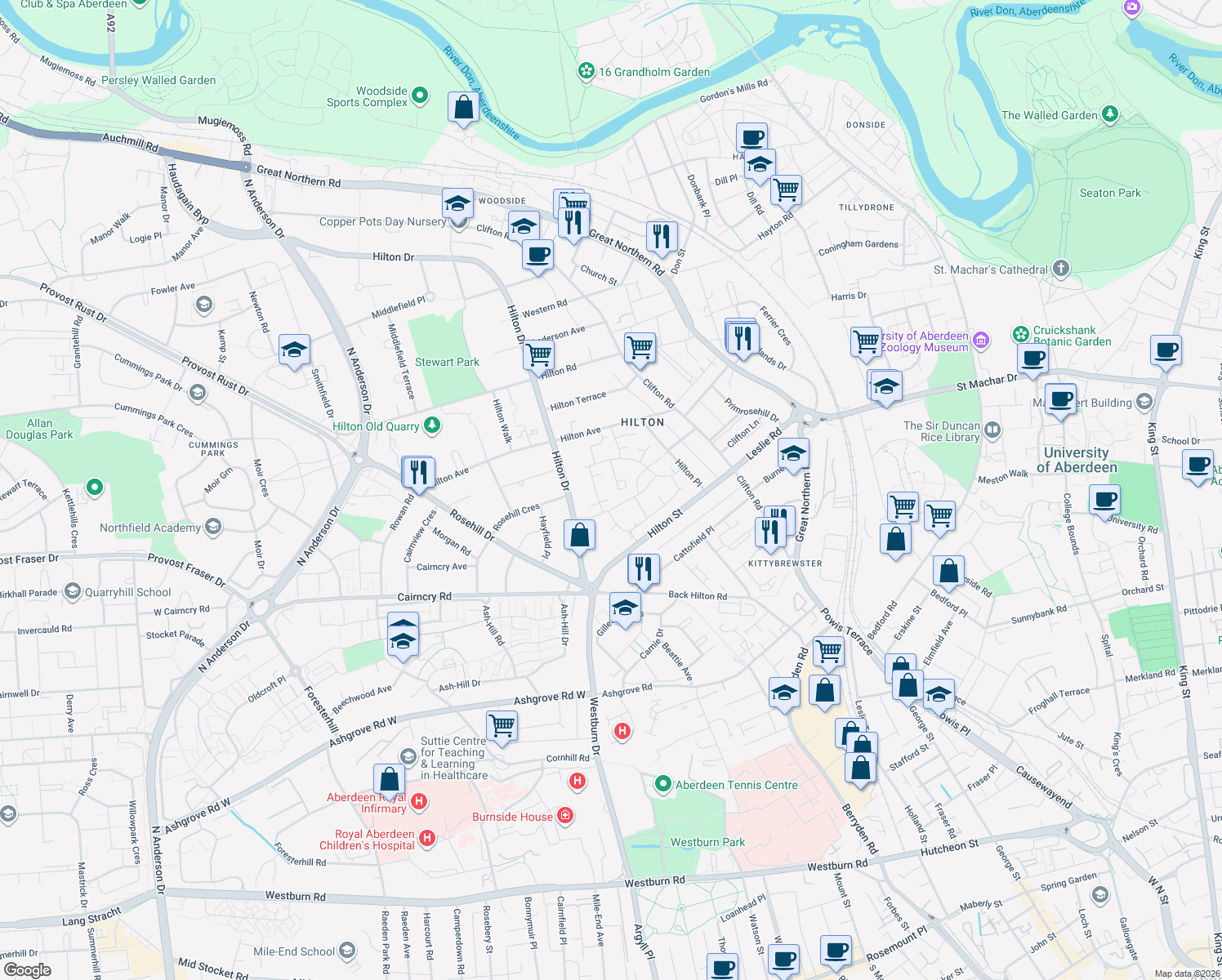 map of restaurants, bars, coffee shops, grocery stores, and more near 55 Cordiner Place in Aberdeen City