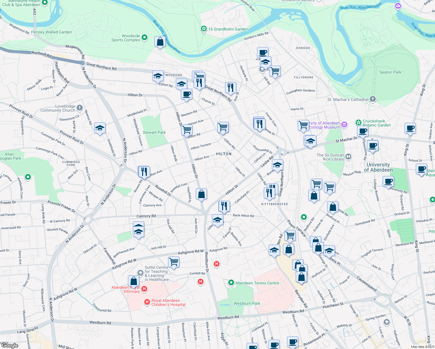 map of restaurants, bars, coffee shops, grocery stores, and more near 55 Cordiner Place in Aberdeen City
