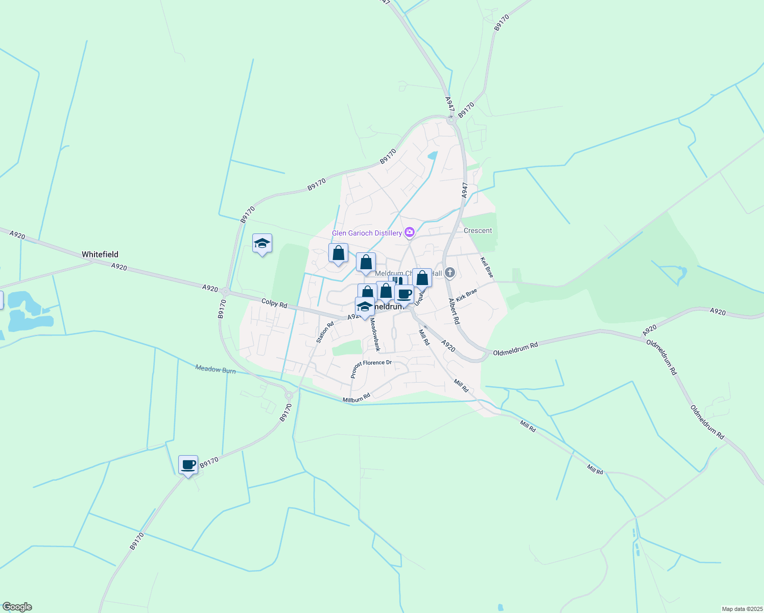 map of restaurants, bars, coffee shops, grocery stores, and more near in Oldmeldrum