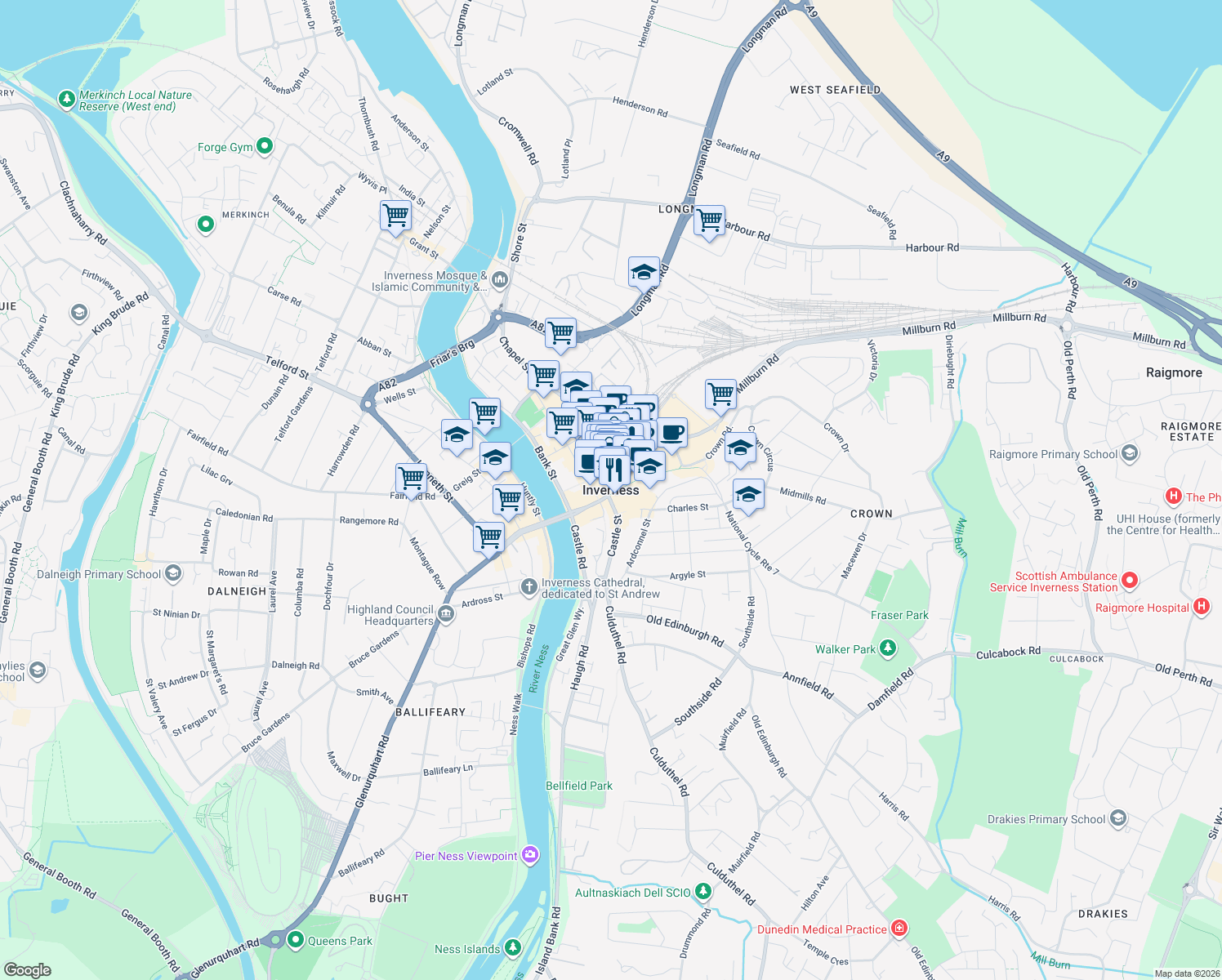 map of restaurants, bars, coffee shops, grocery stores, and more near in Inverness