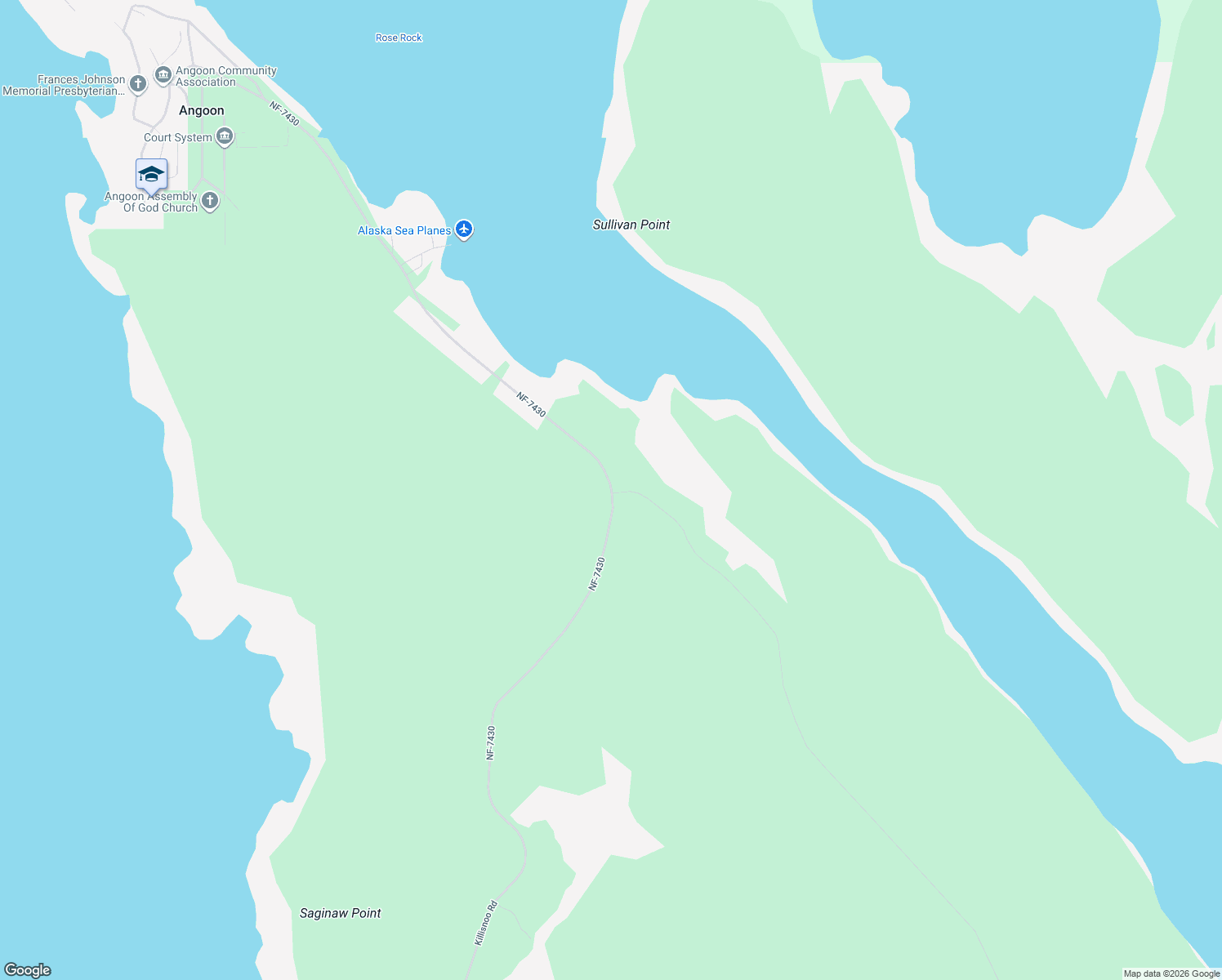 map of restaurants, bars, coffee shops, grocery stores, and more near 918 National Forest Development Road 7430 in Angoon