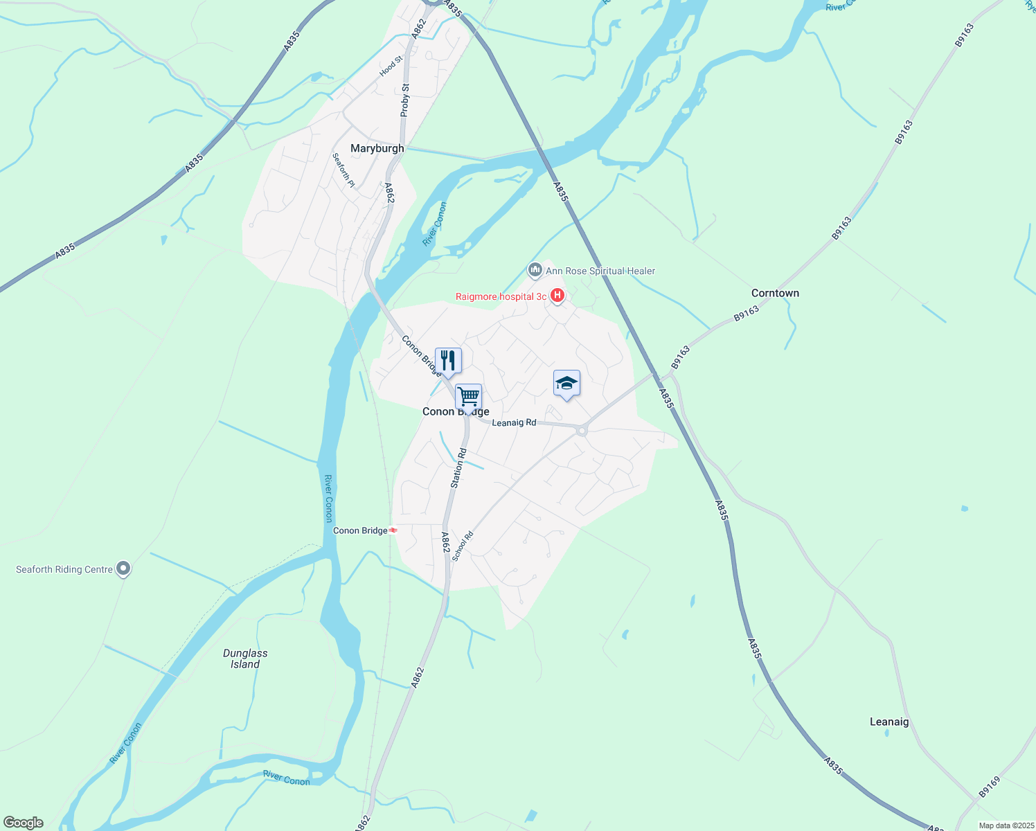 map of restaurants, bars, coffee shops, grocery stores, and more near in Conon Bridge