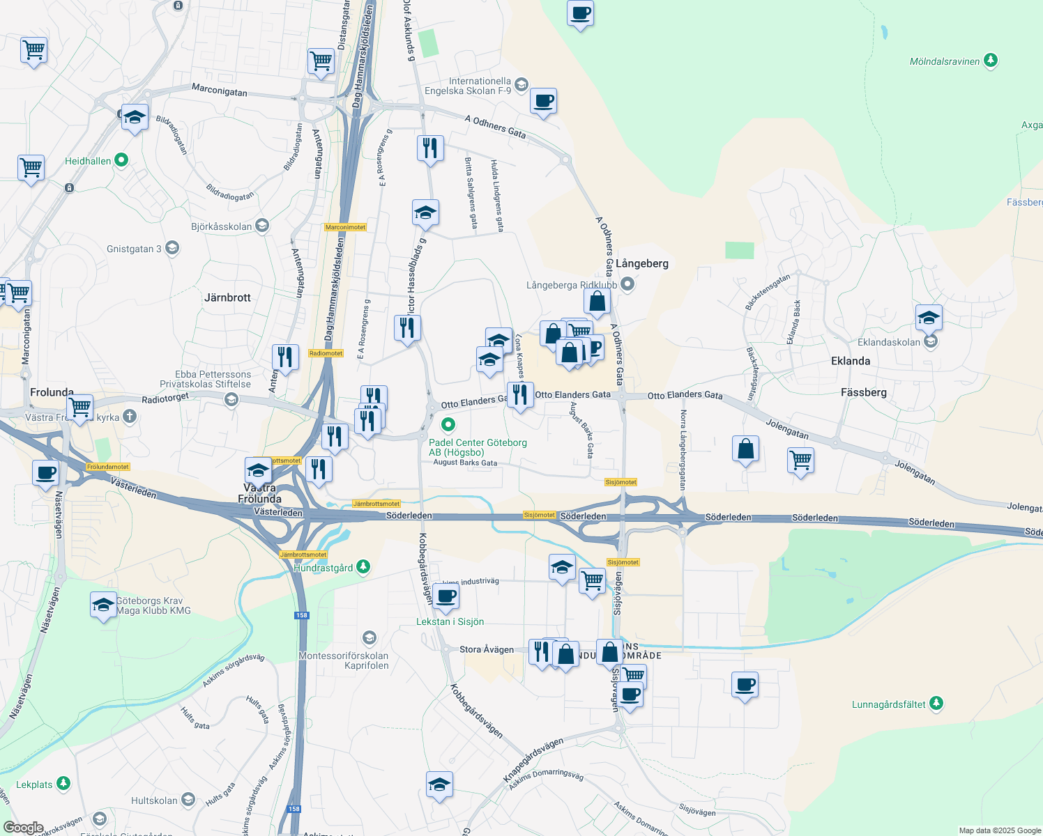 map of restaurants, bars, coffee shops, grocery stores, and more near in Västra Frölunda