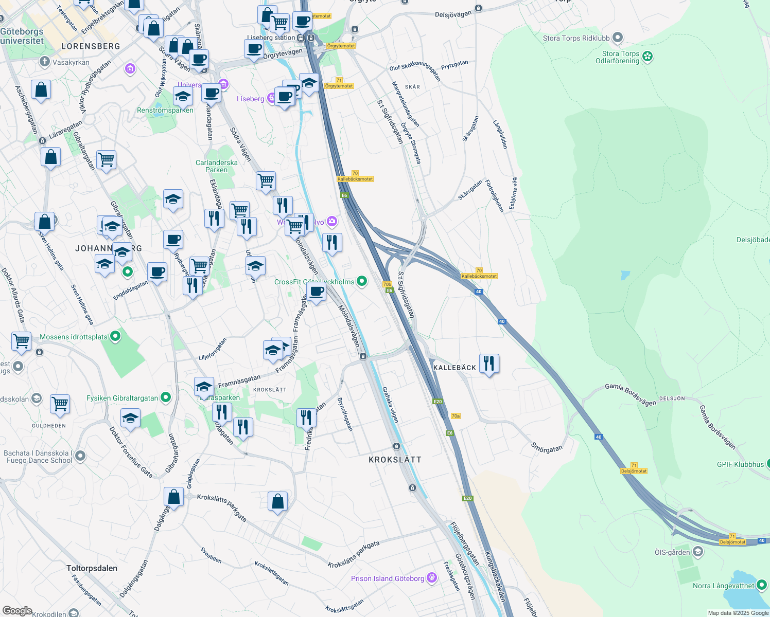 map of restaurants, bars, coffee shops, grocery stores, and more near in Gothenburg