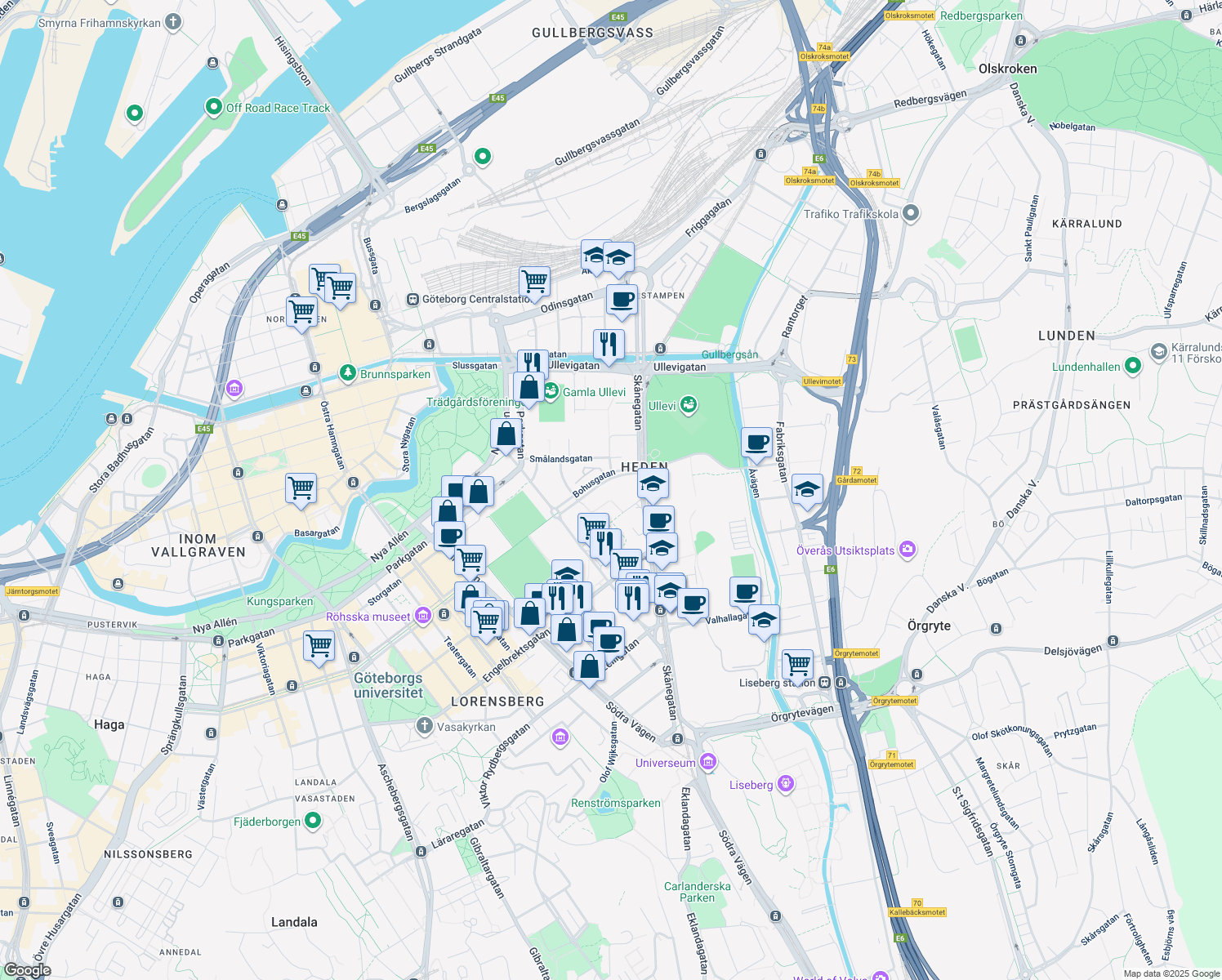 map of restaurants, bars, coffee shops, grocery stores, and more near 13 Bohusgatan in Gothenburg