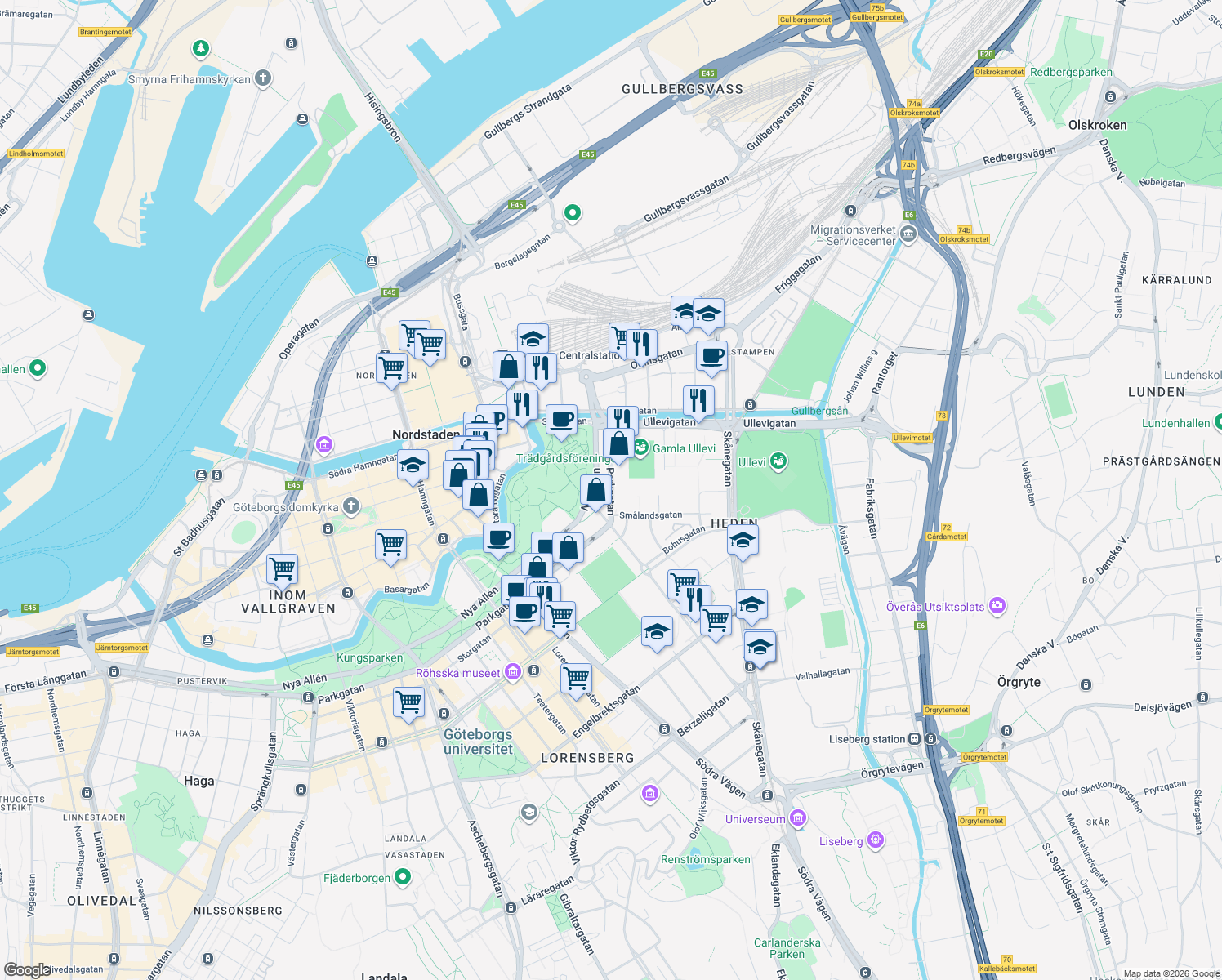 map of restaurants, bars, coffee shops, grocery stores, and more near 49 Parkgatan in Gothenburg