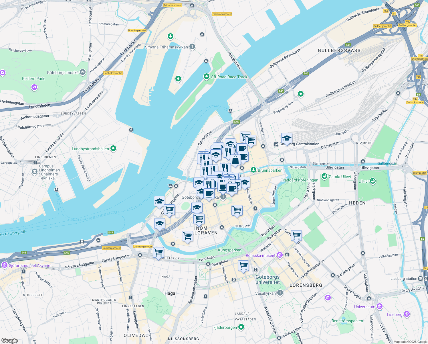 map of restaurants, bars, coffee shops, grocery stores, and more near 11 Köpmansgatan in Gothenburg